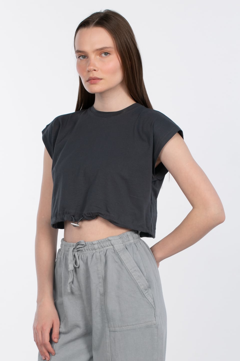 Beli lastikli crop t-shirt-5587 Antrasit