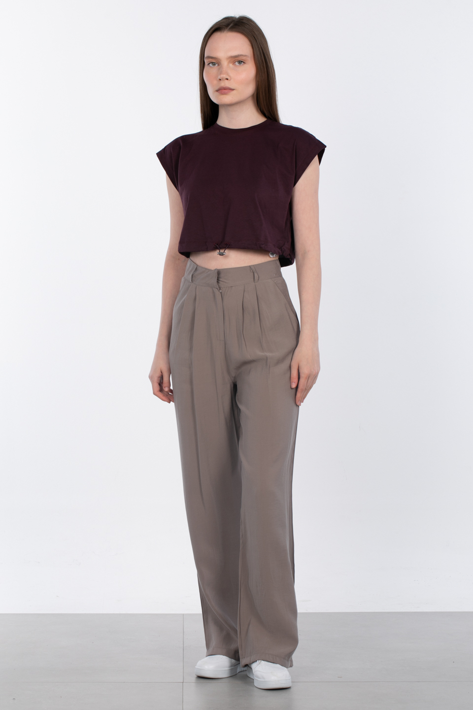 Beli lastikli crop t-shirt-5587 Mürdüm