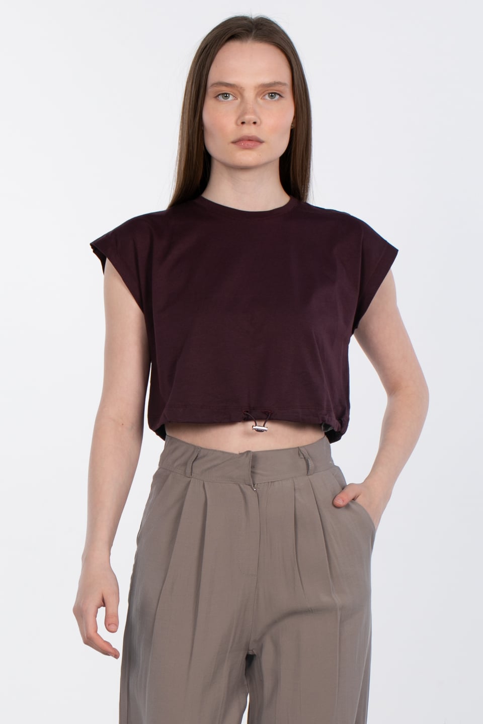 Beli lastikli crop t-shirt-5587 Mürdüm