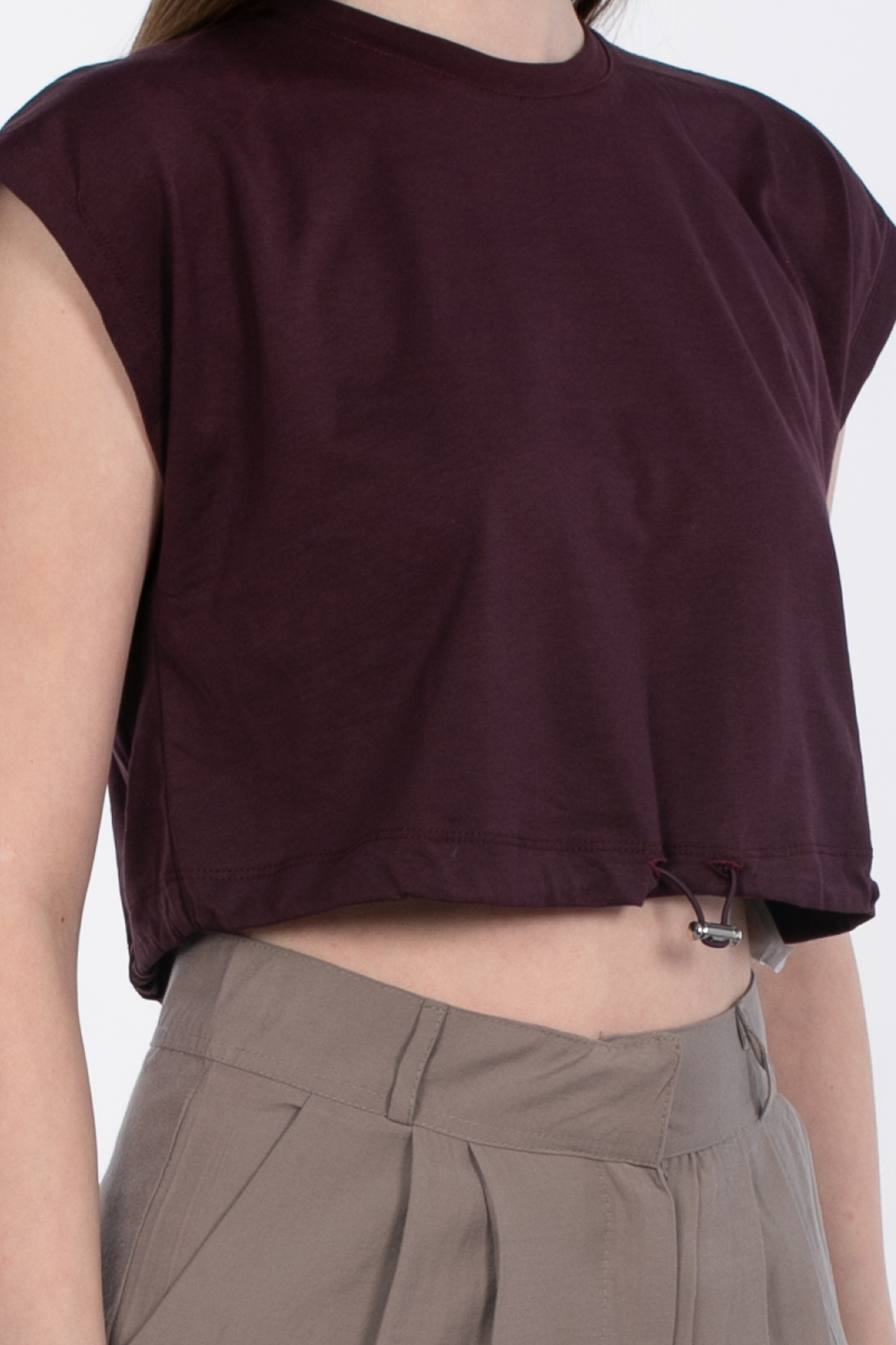 Beli lastikli crop t-shirt-5587 Mürdüm