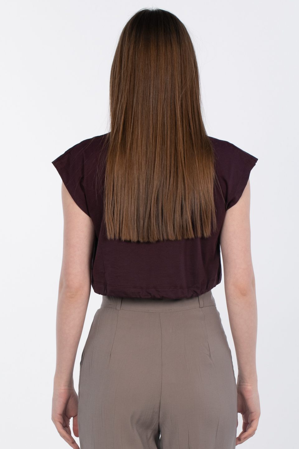 Beli lastikli crop t-shirt-5587 Mürdüm