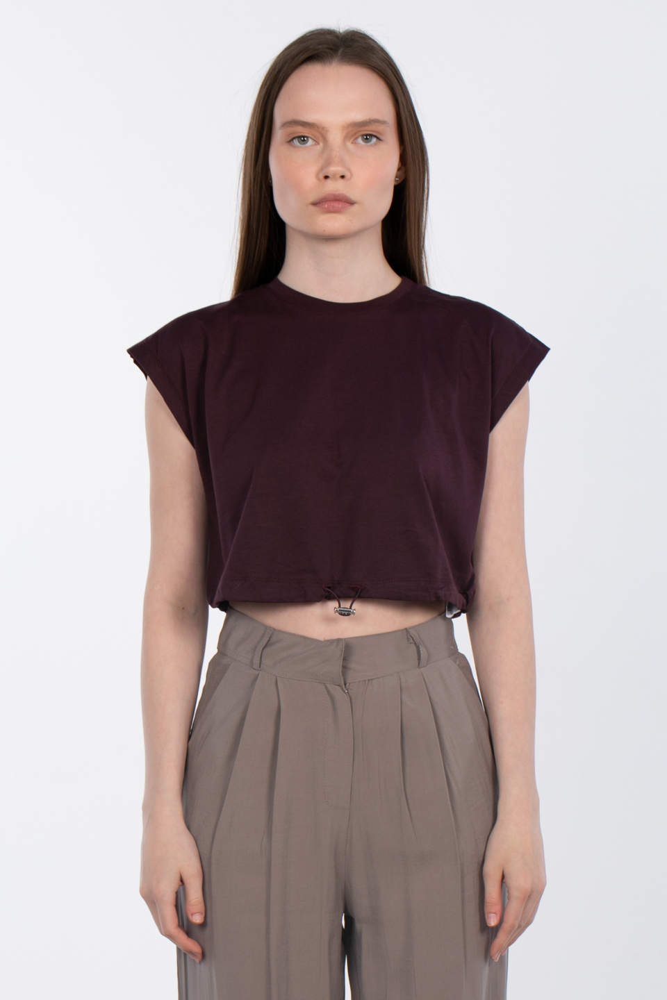 Beli lastikli crop t-shirt-5587 Mürdüm