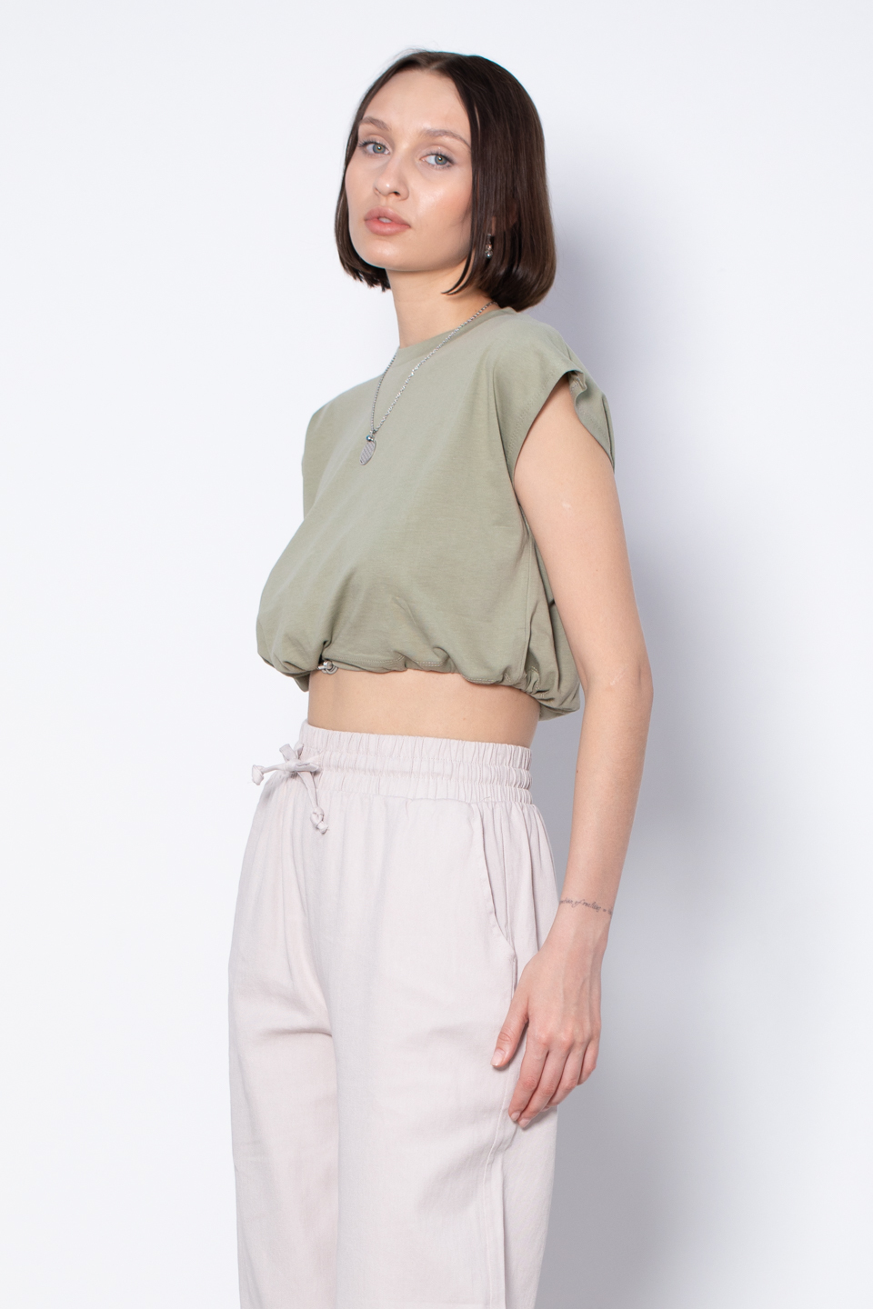 Beli Lastikli Crop T-Shirt - Yeşil