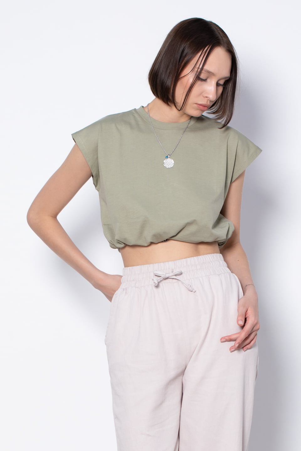 Beli Lastikli Crop T-Shirt - Yeşil