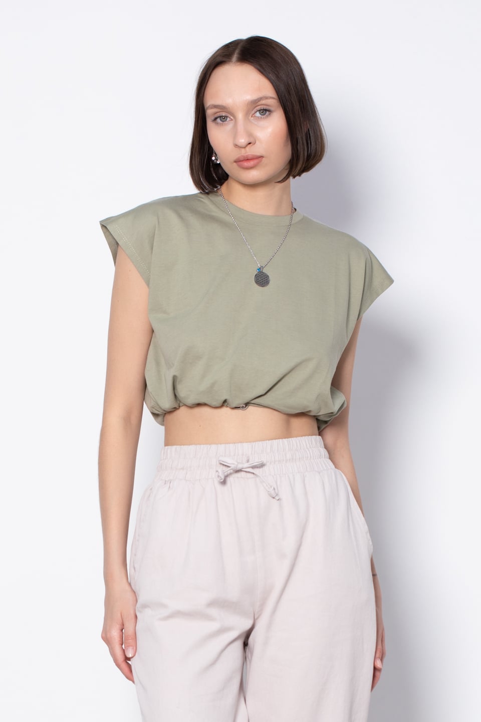 Beli Lastikli Crop T-Shirt - Yeşil