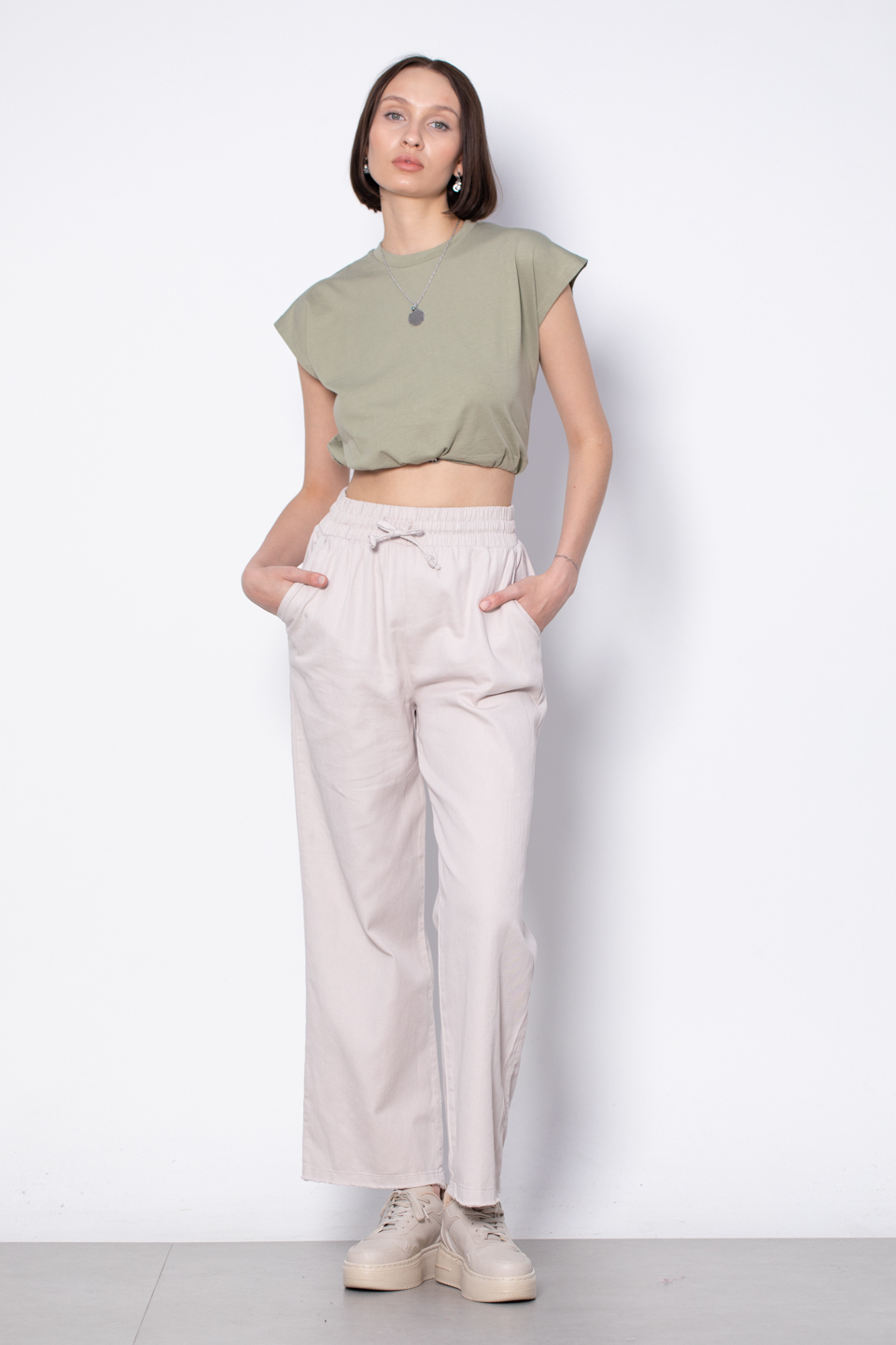 Beli Lastikli Crop T-Shirt - Yeşil