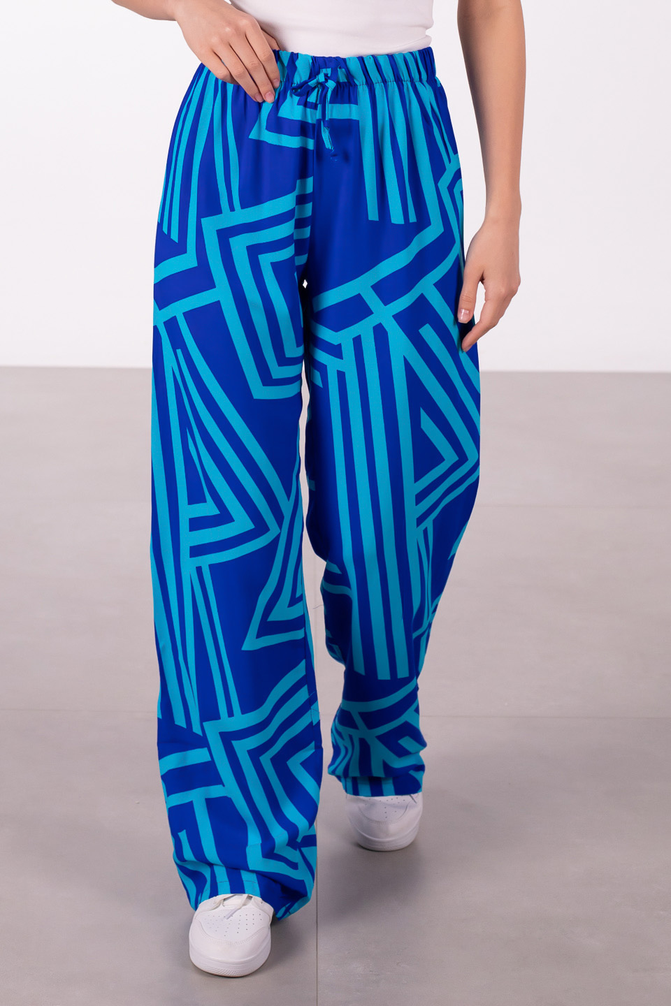 Beli lastikli desenli pantolon-1003 Saks/Turkuaz