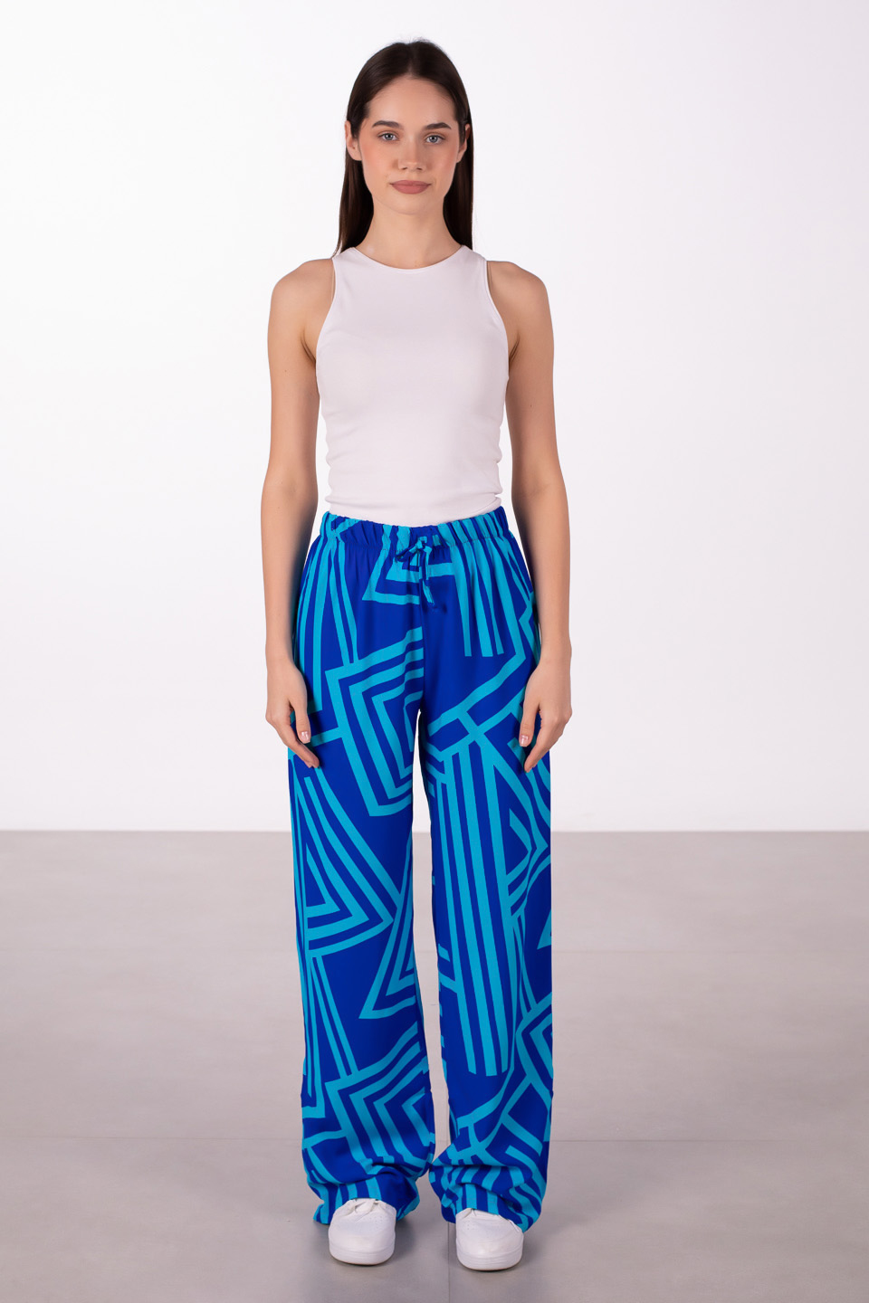 Beli lastikli desenli pantolon-1003 Saks/Turkuaz