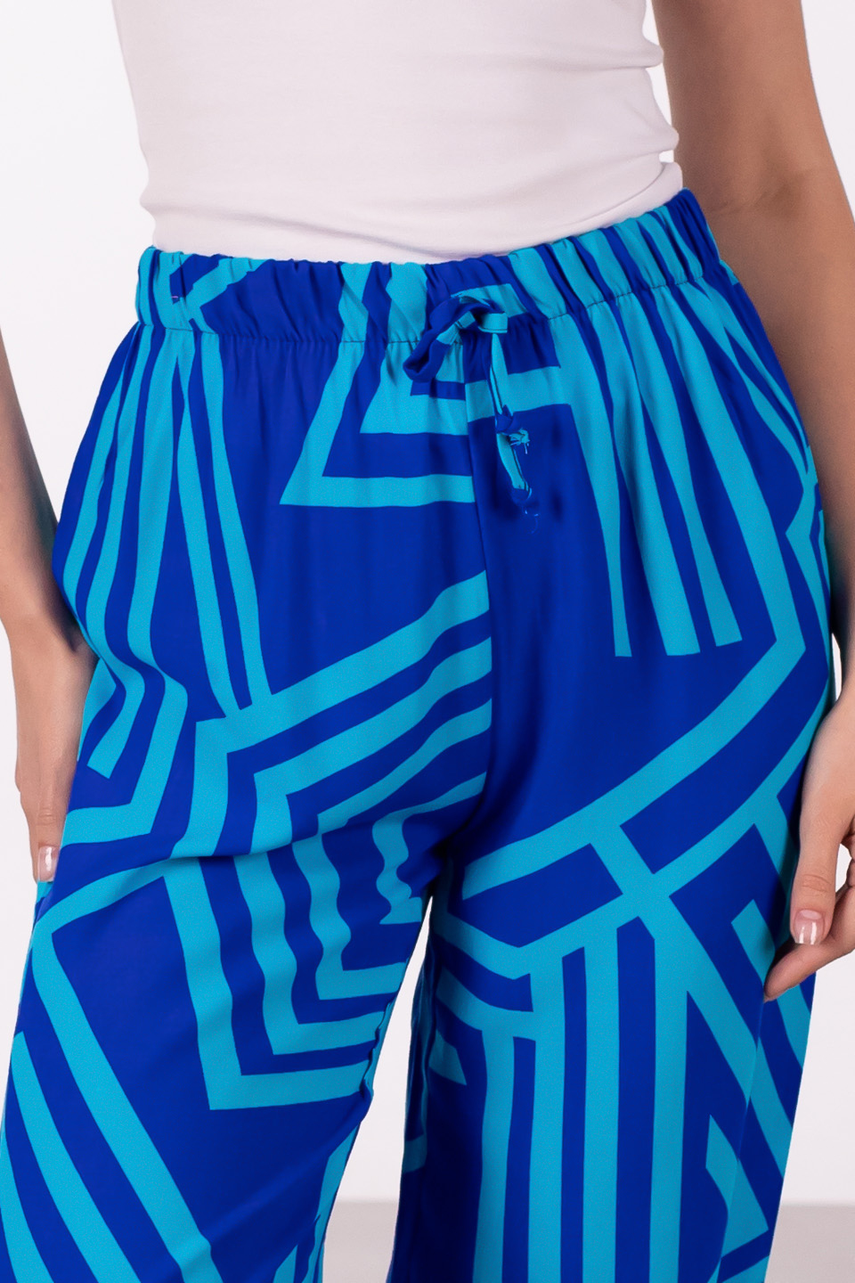 Beli lastikli desenli pantolon-1003 Saks/Turkuaz