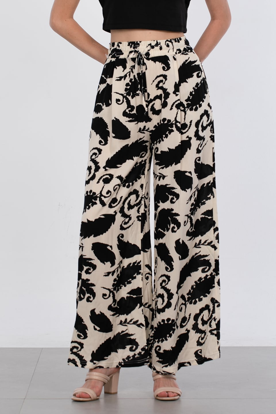 Beli lastikli desenli pantolon-4797 Şal Desen