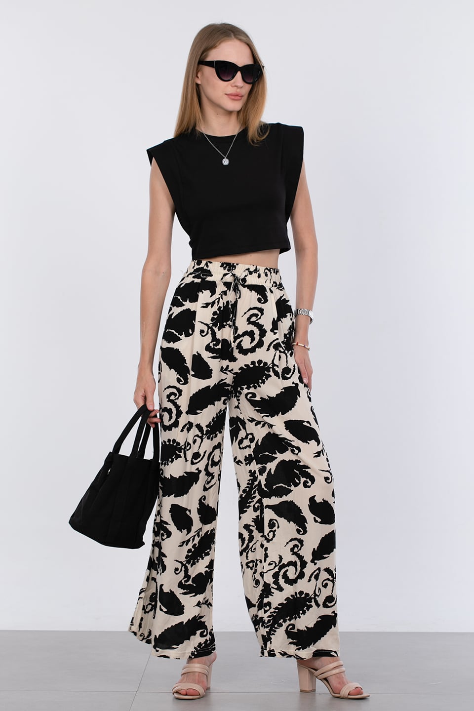 Beli lastikli desenli pantolon-4797 Şal Desen