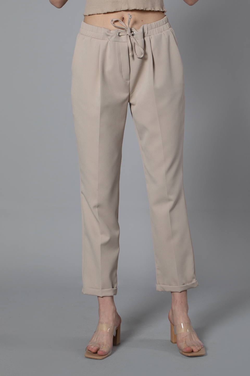 Beli lastikli double paça pantolon-0018 Taş
