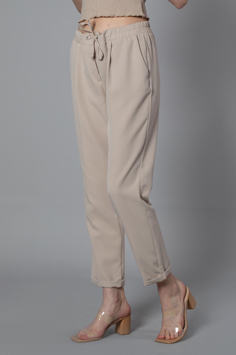 Beli lastikli double paça pantolon-0018 Taş