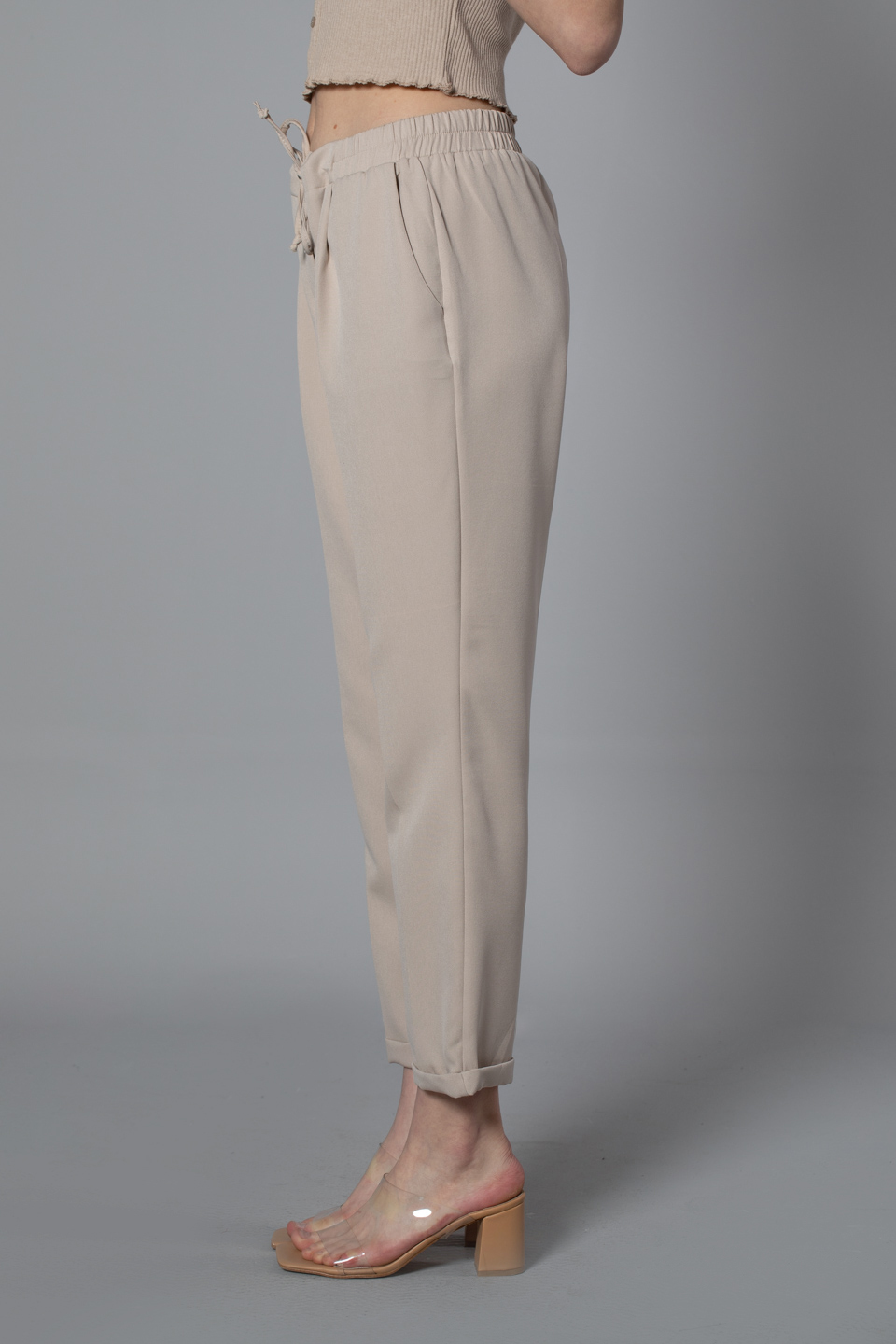 Beli lastikli double paça pantolon-0018 Taş