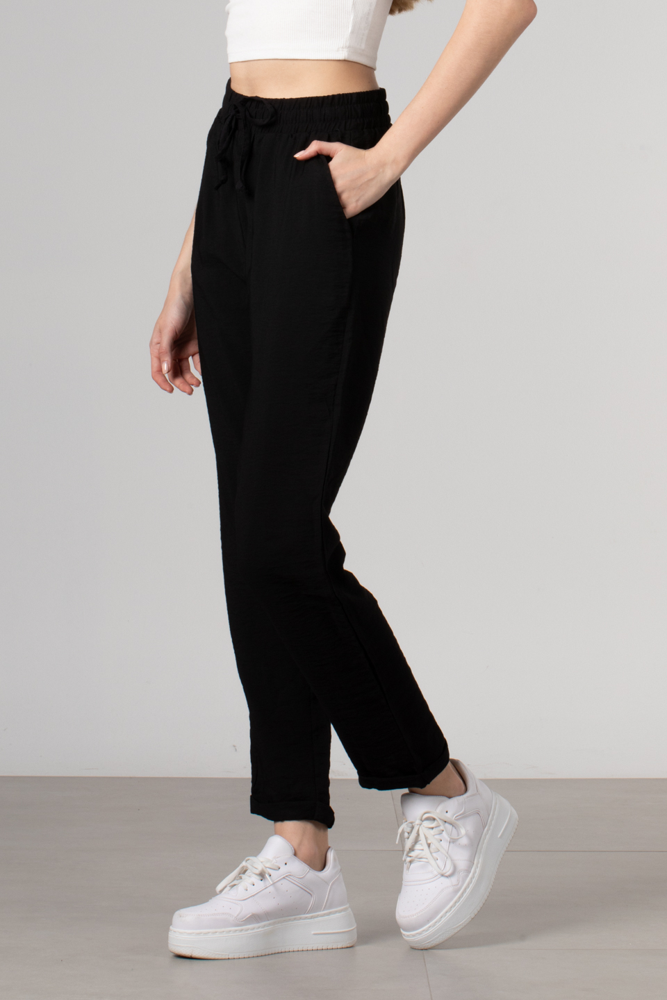 Beli lastikli double paça pantolon-66-5949 Siyah