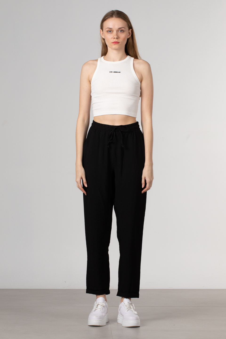Beli lastikli double paça pantolon-66-5949 Siyah
