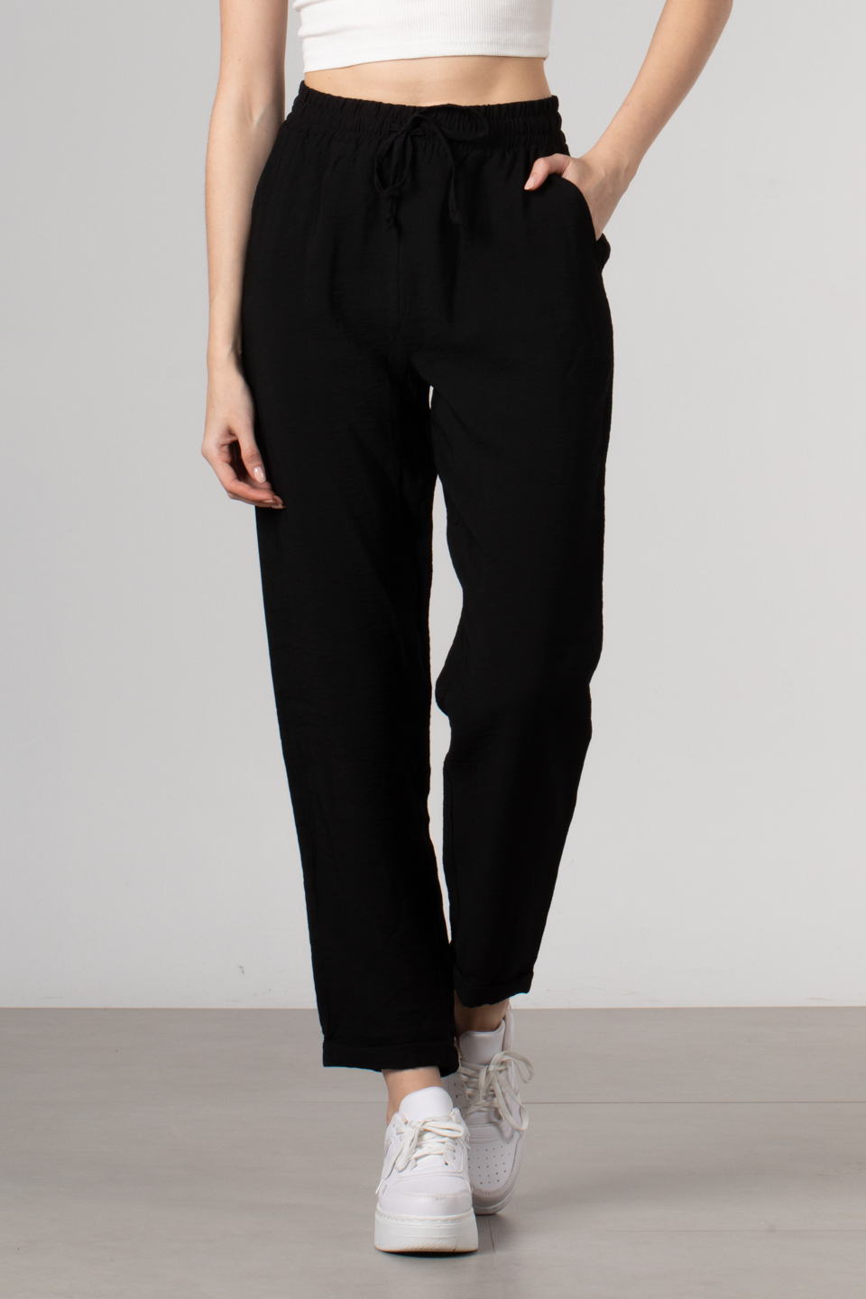 Beli lastikli double paça pantolon-66-5949 Siyah