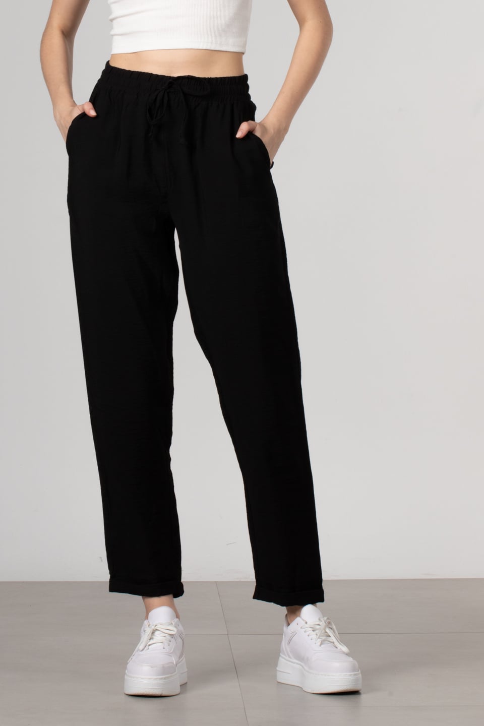 Beli lastikli double paça pantolon-66-5949 Siyah