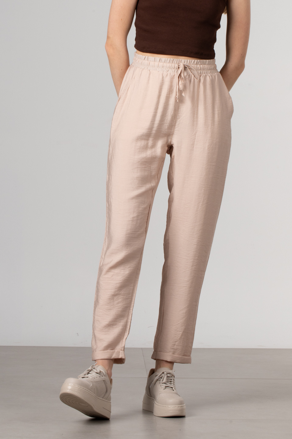 Beli Lastikli Double Paça Pantolon - Taş