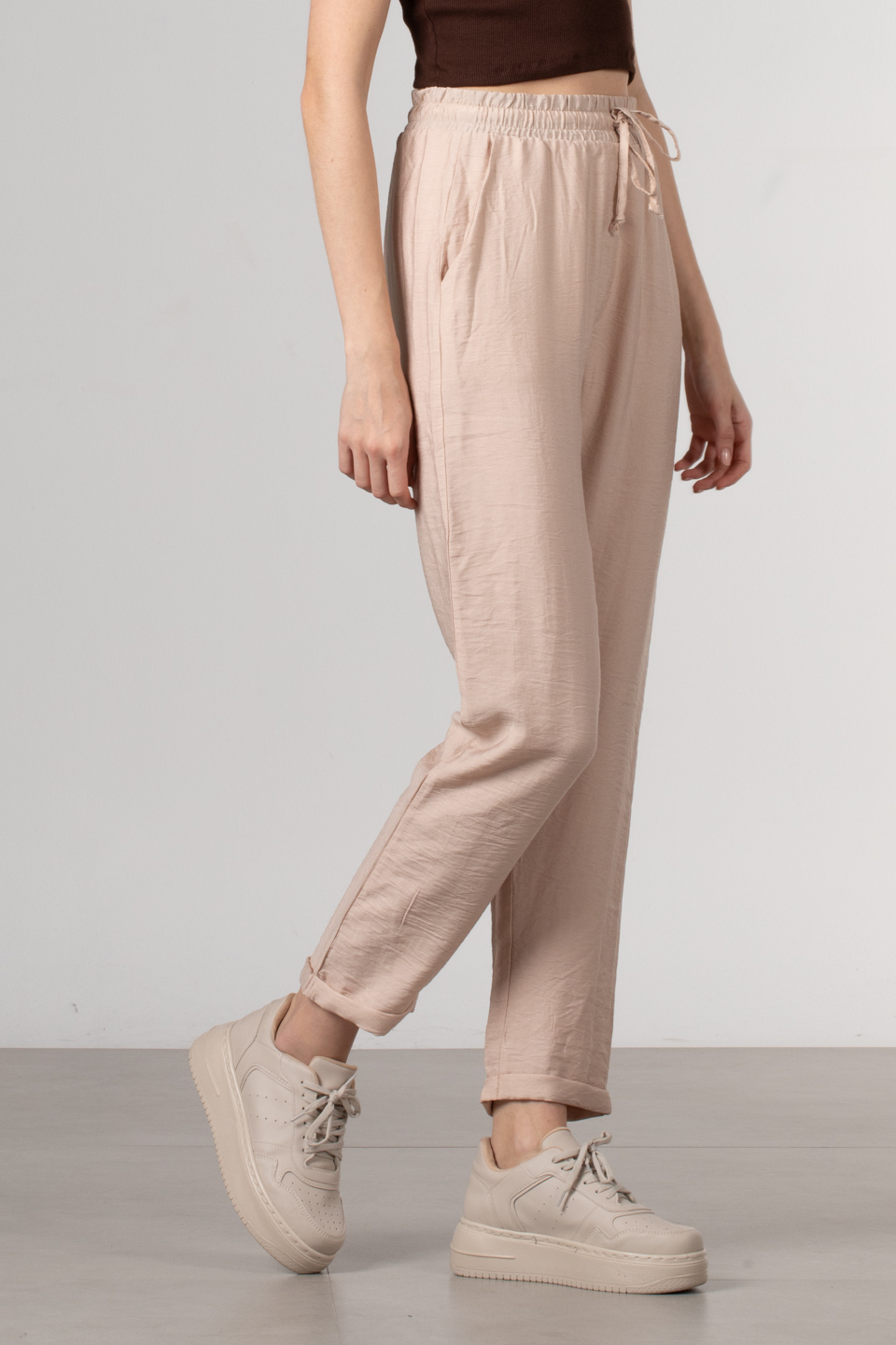 Beli Lastikli Double Paça Pantolon - Taş
