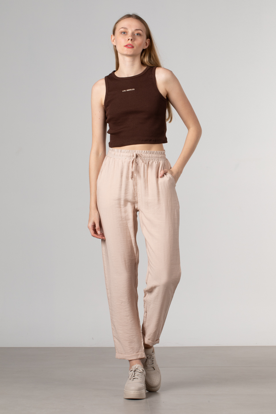 Beli Lastikli Double Paça Pantolon - Taş