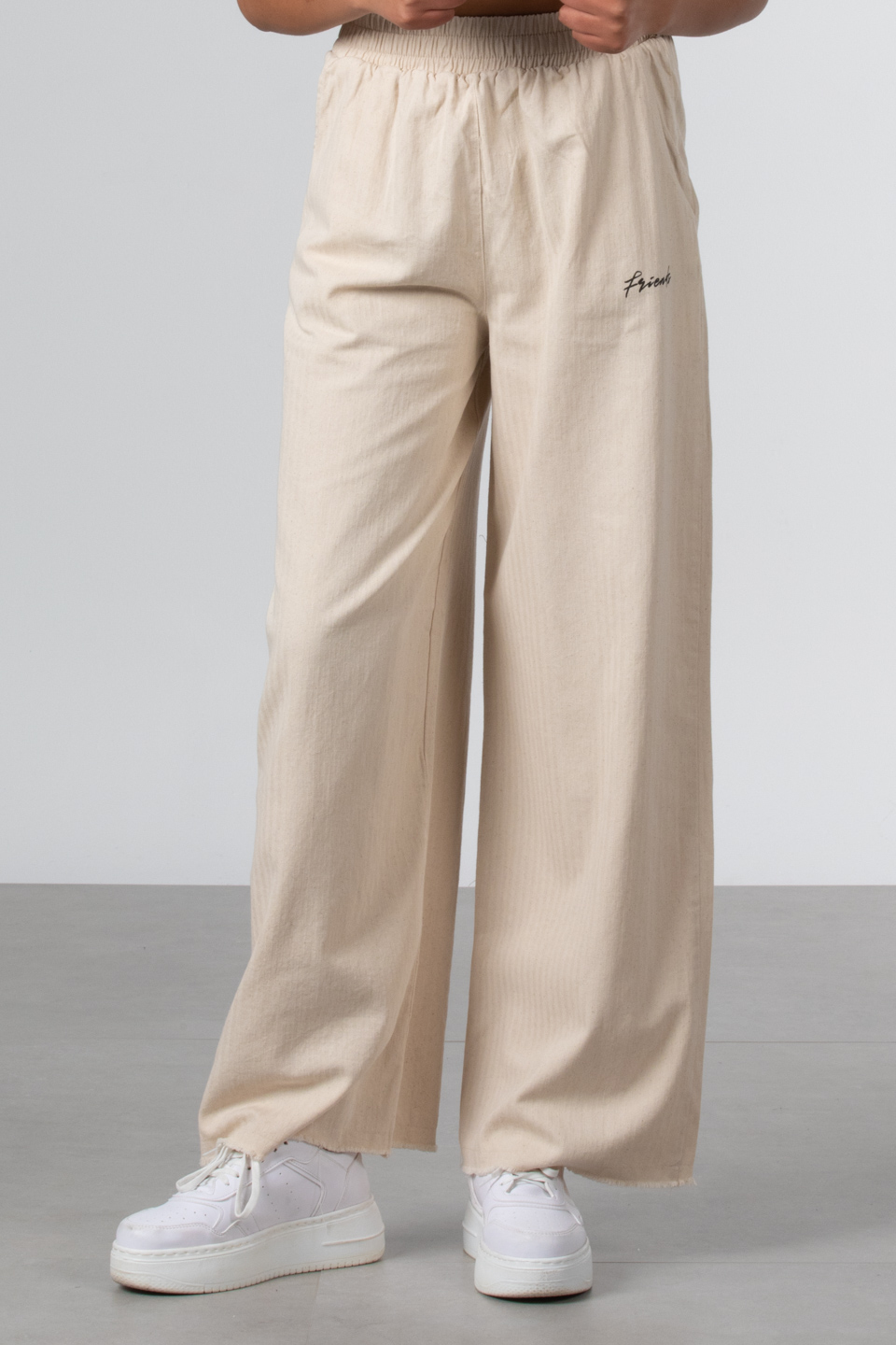 Beli lastikli friends baskılı pantolon-019-1 Taş