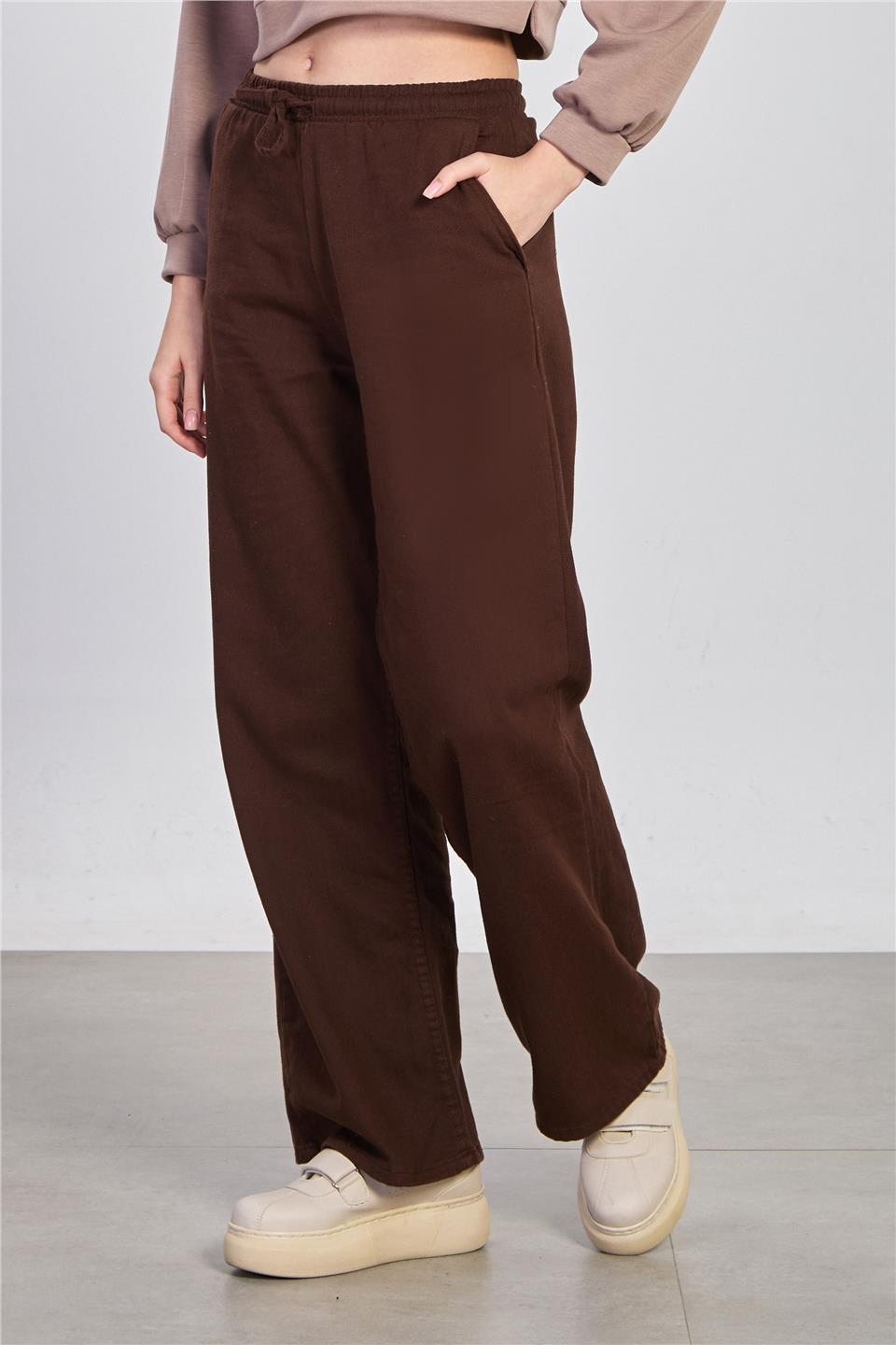 Beli lastikli gabardin bol pantolon-7023 Kahve