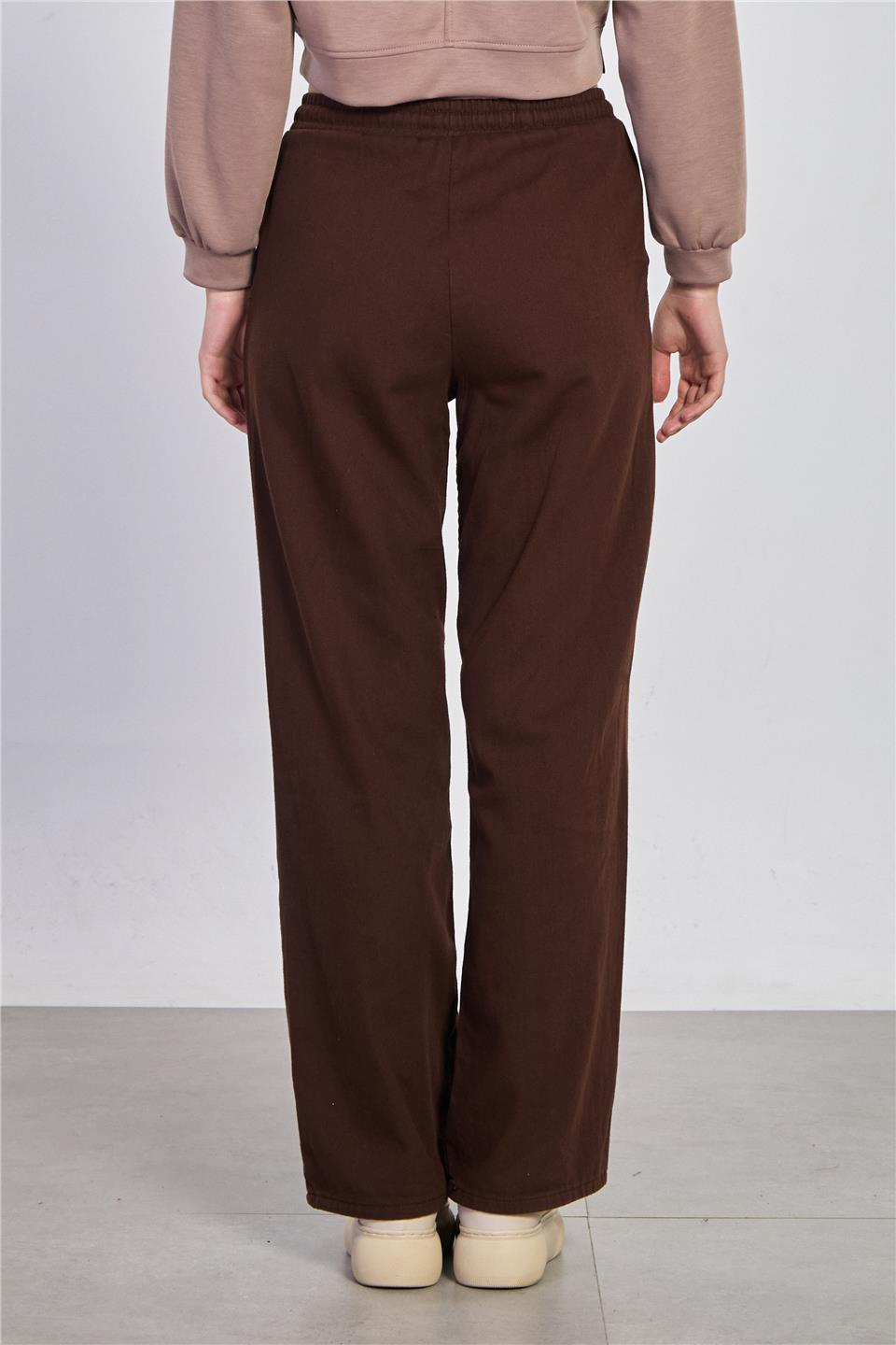 Beli lastikli gabardin bol pantolon-7023 Kahve