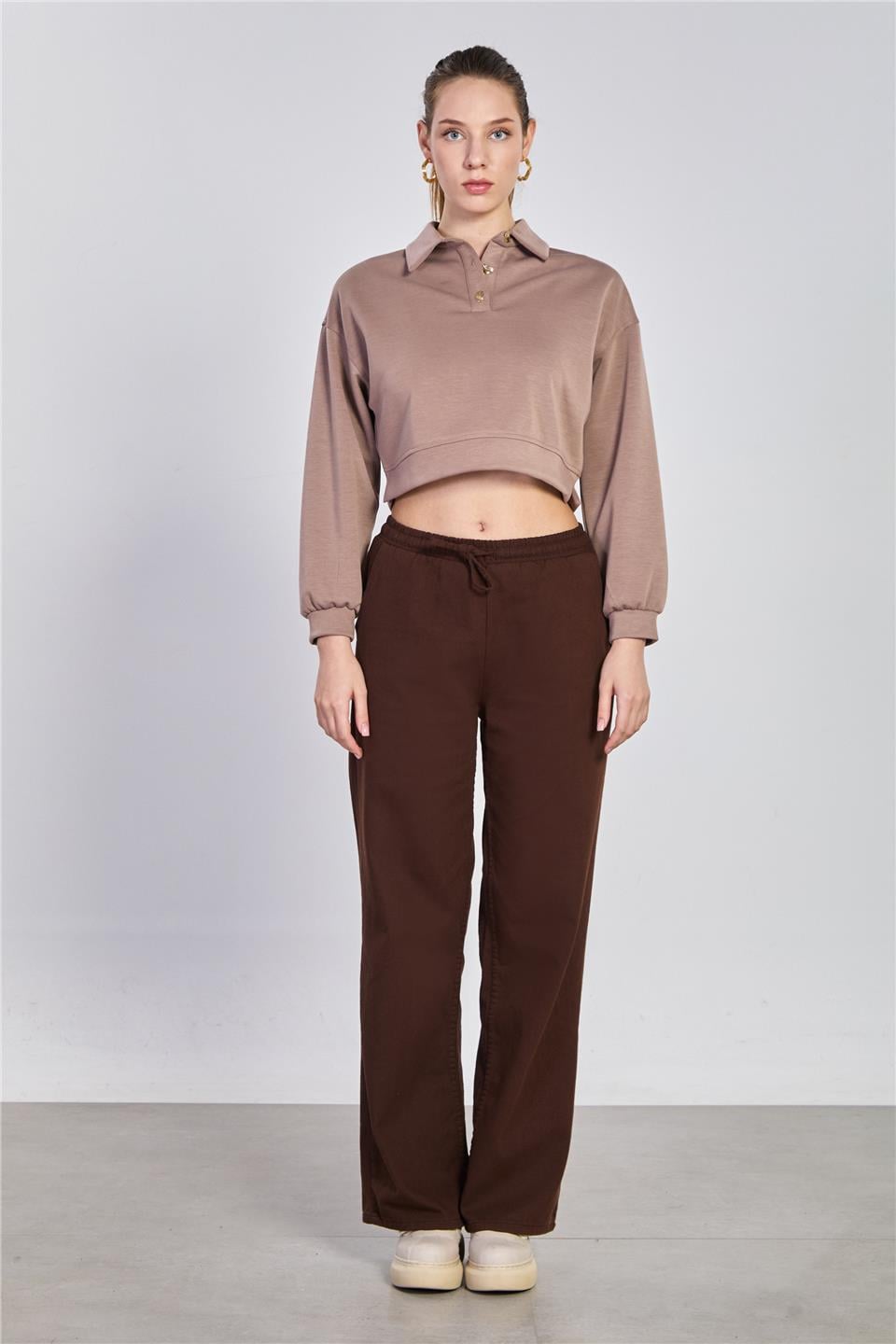 Beli lastikli gabardin bol pantolon-7023 Kahve