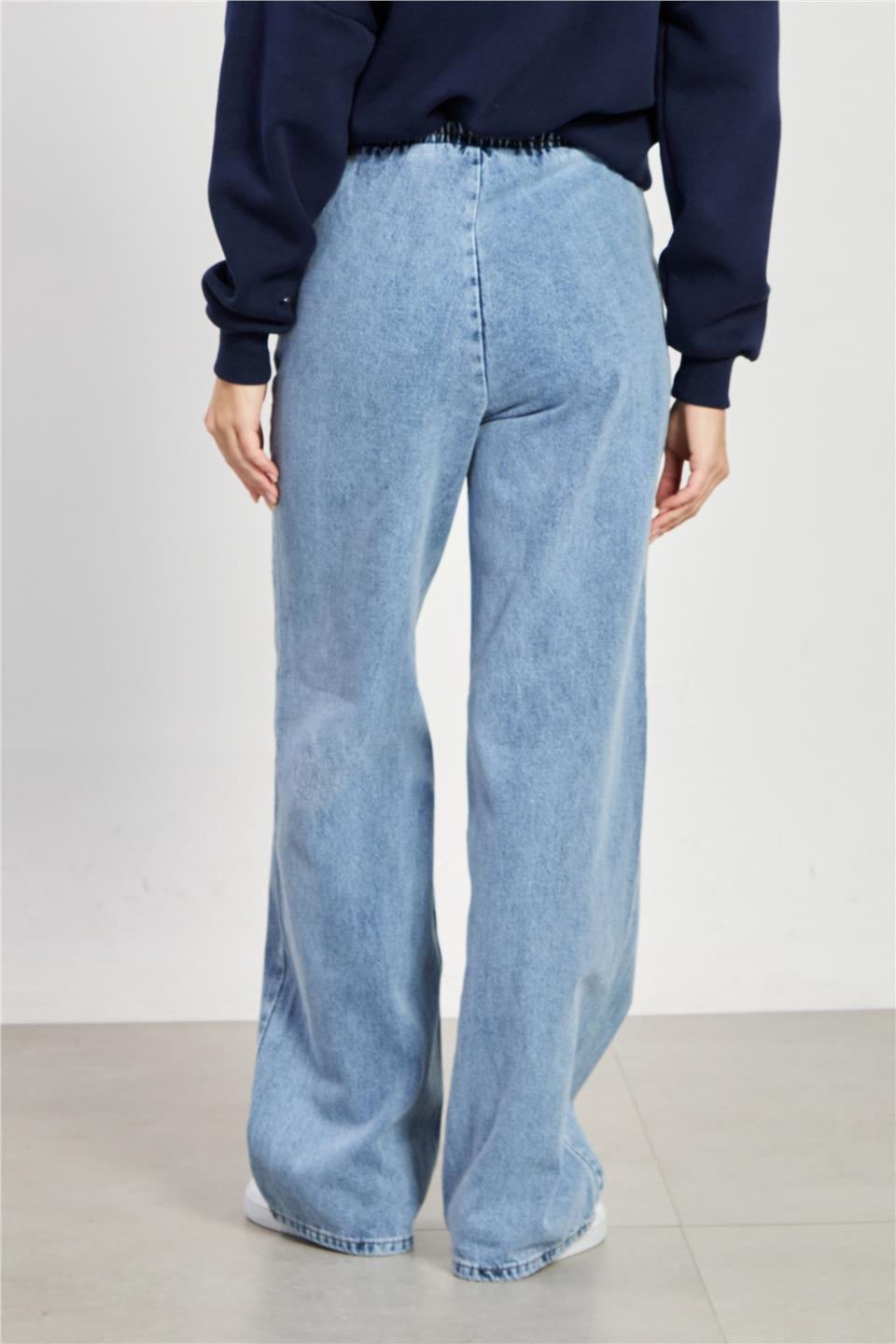 Beli lastikli gabardin bol pantolon-7023 Mavi Kar