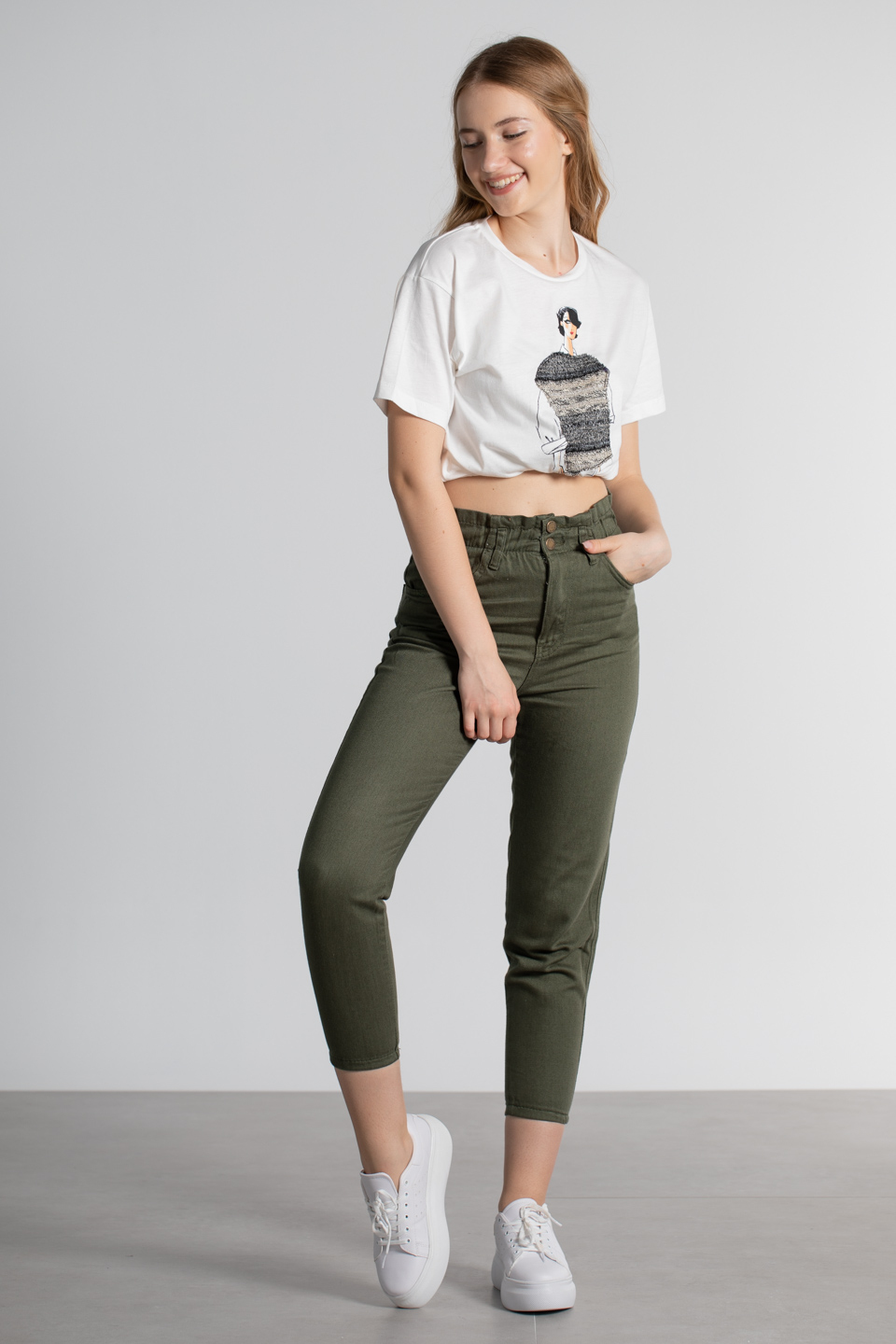 Beli lastikli gabardin pantolon-258 Haki
