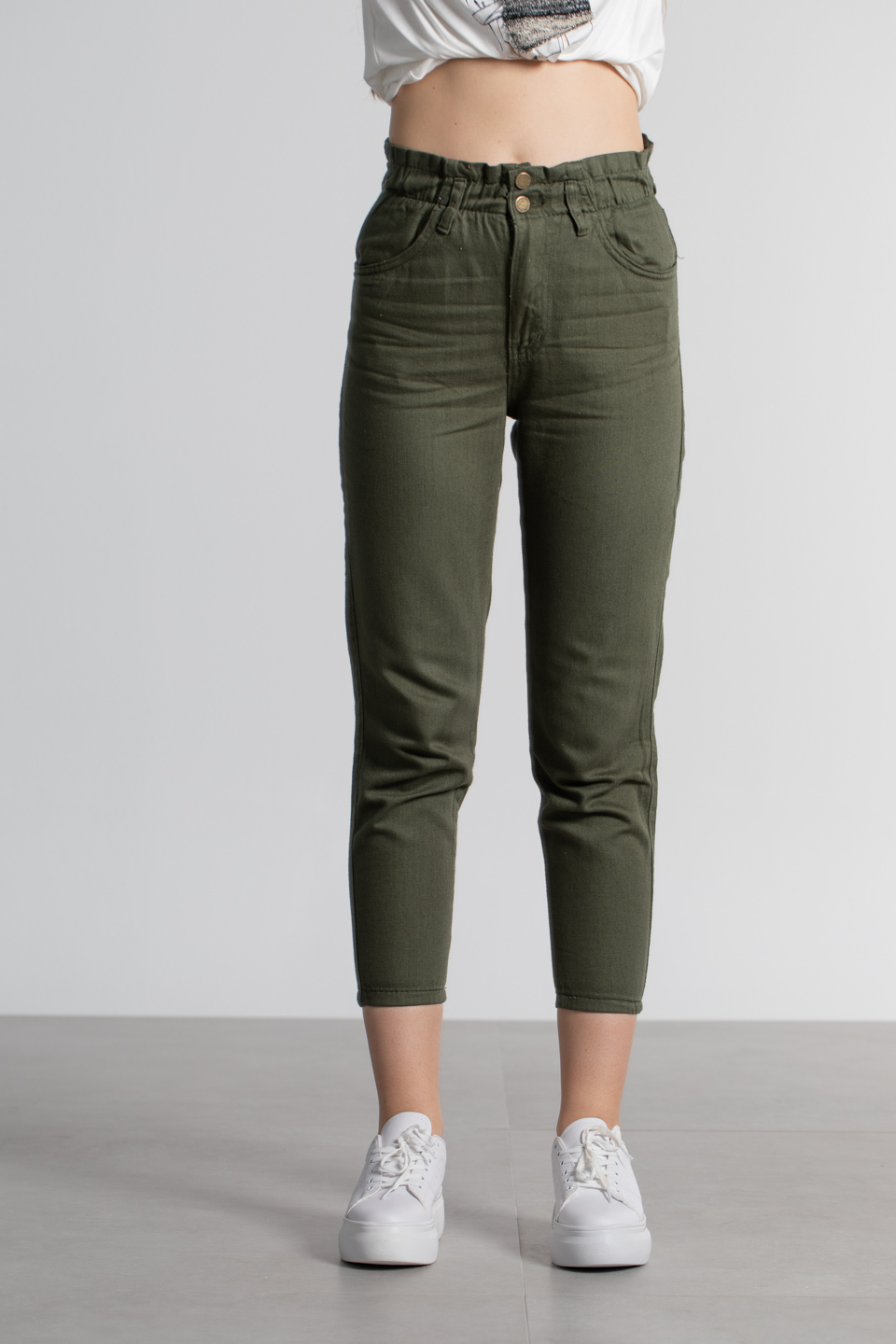 Beli lastikli gabardin pantolon-258 Haki