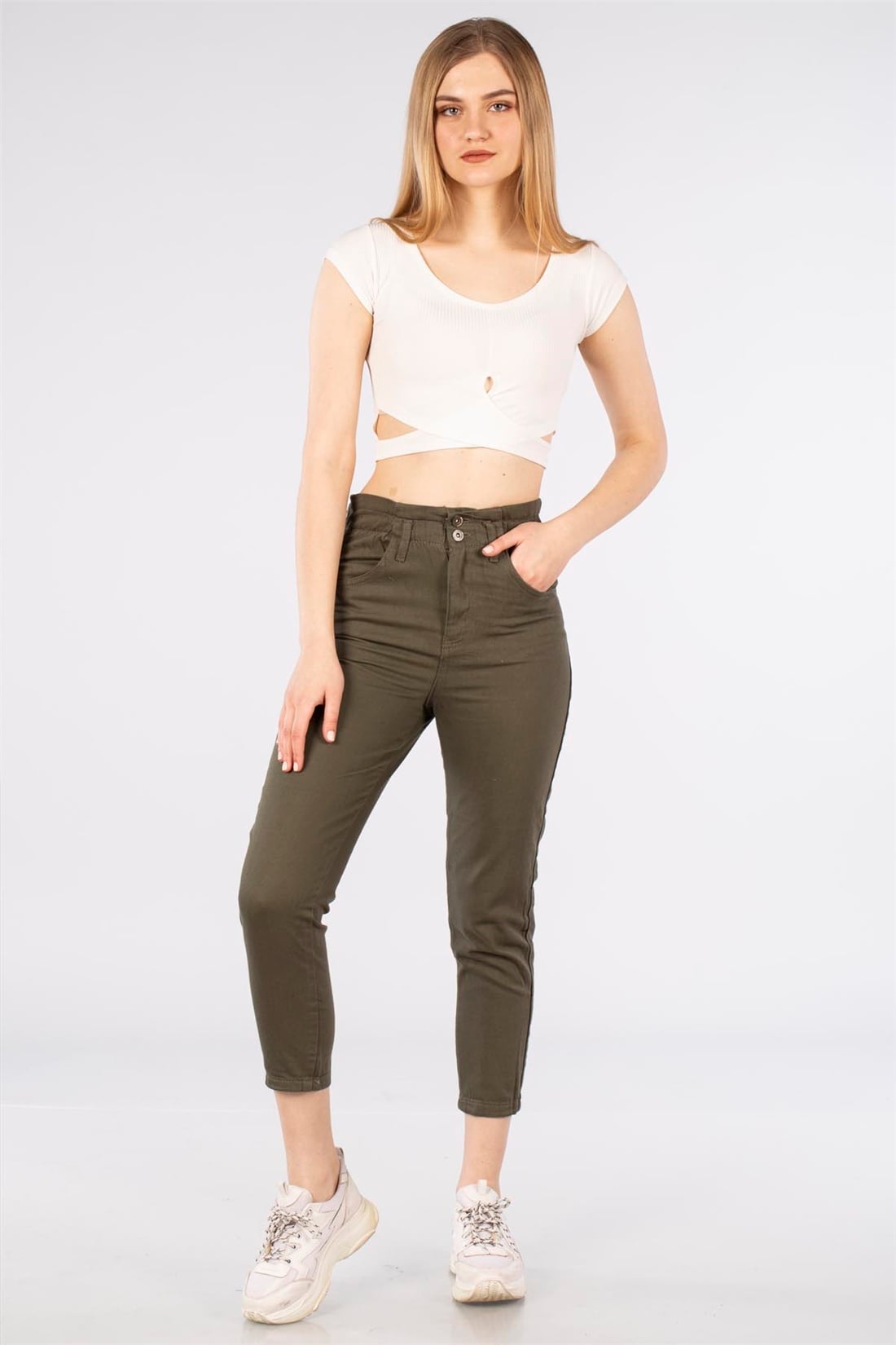 Beli Lastikli Gabardin Pantolon-Haki