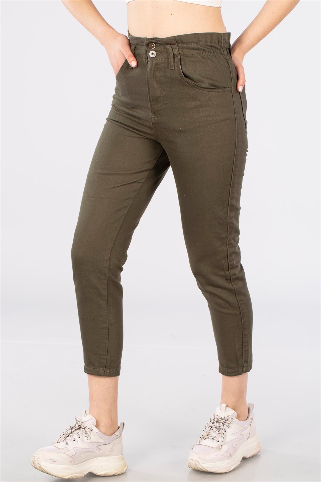 Beli Lastikli Gabardin Pantolon-Haki