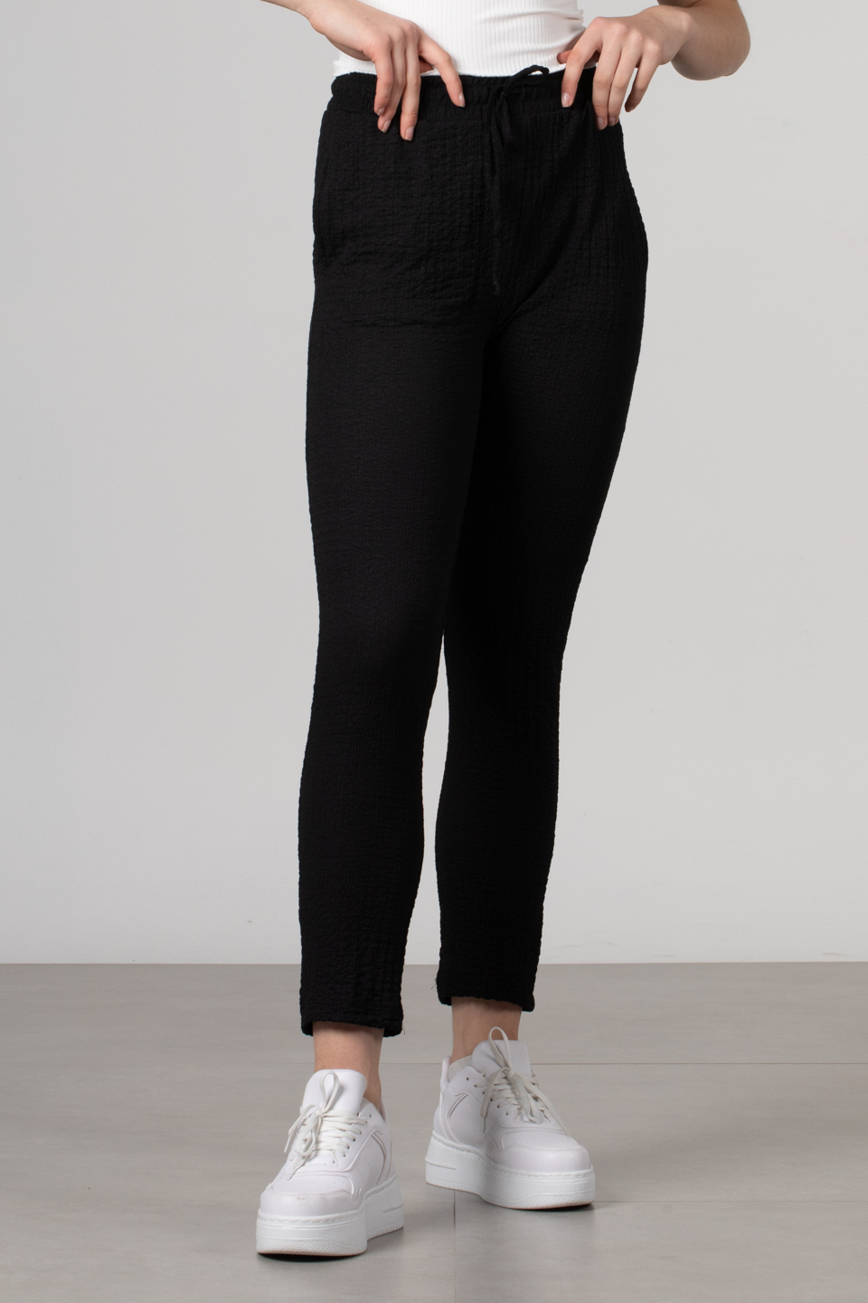 Beli lastikli gofre pantolon-S0013583 Siyah
