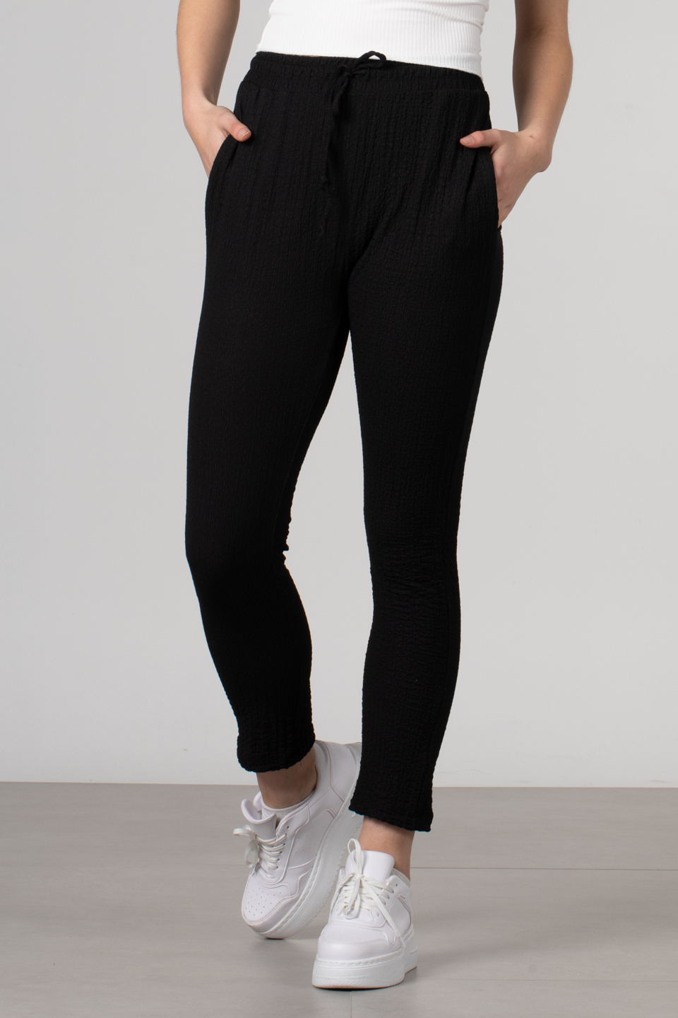 Beli lastikli gofre pantolon-S0013583 Siyah