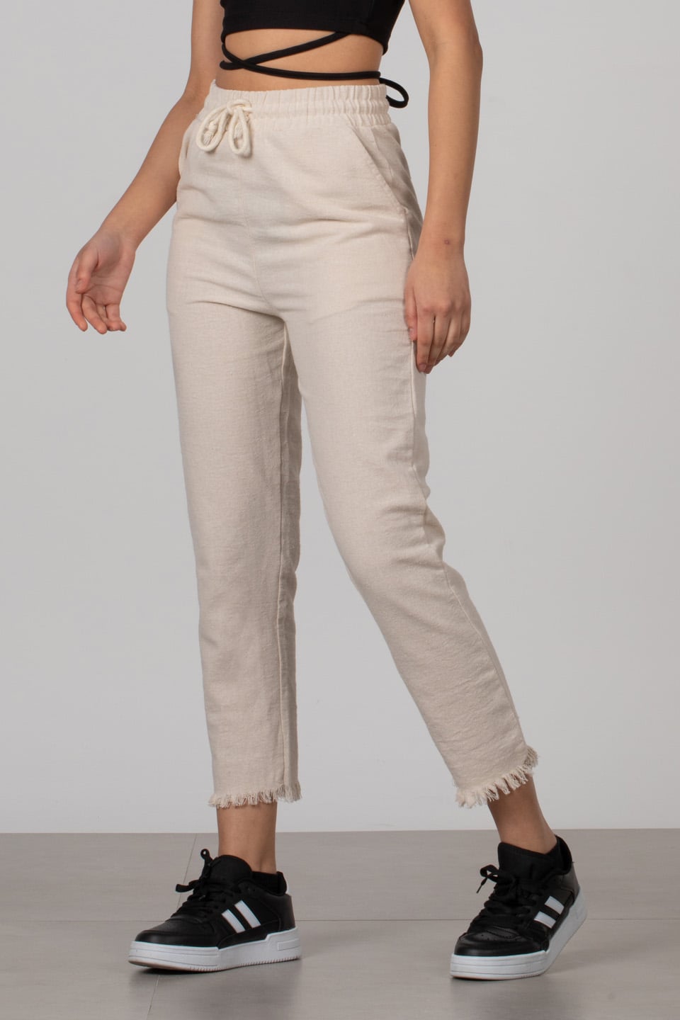 Beli lastikli pantolon-66-6005 Taş