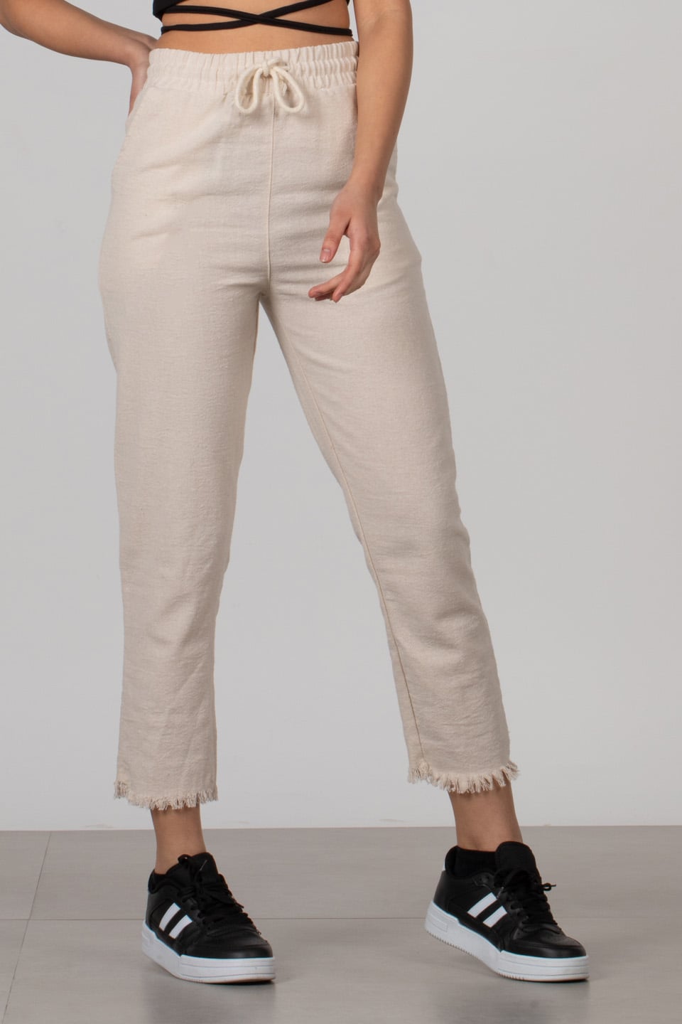 Beli lastikli pantolon-66-6005 Taş