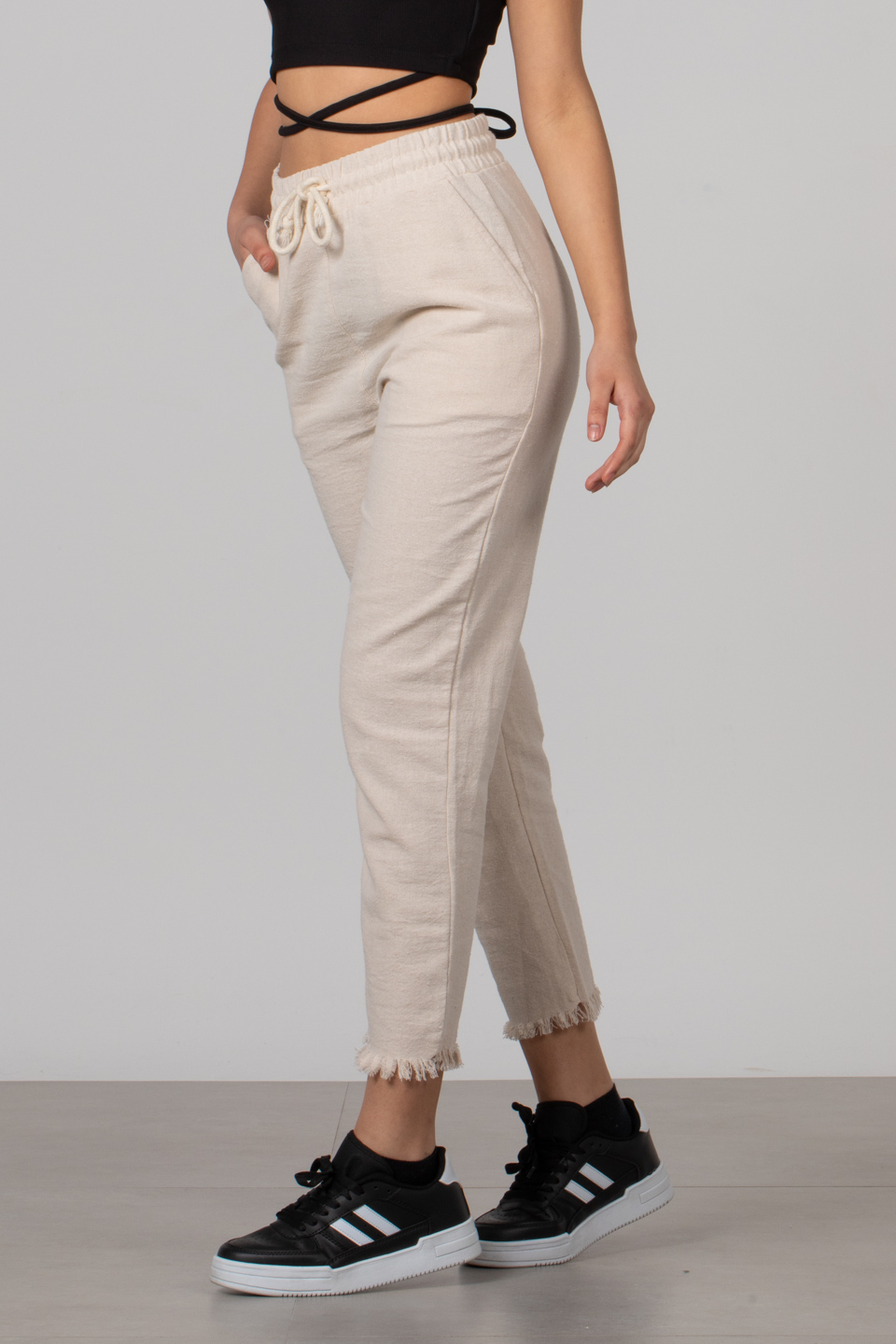 Beli lastikli pantolon-66-6005 Taş