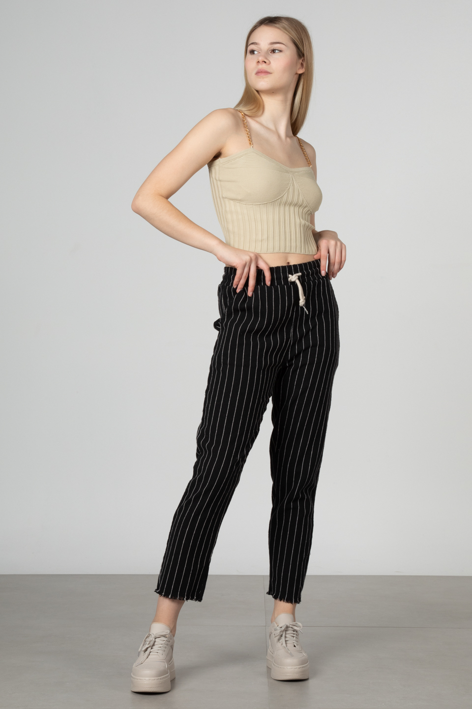 Beli lastikli pantolon-66-6695 Siyah/Ekru