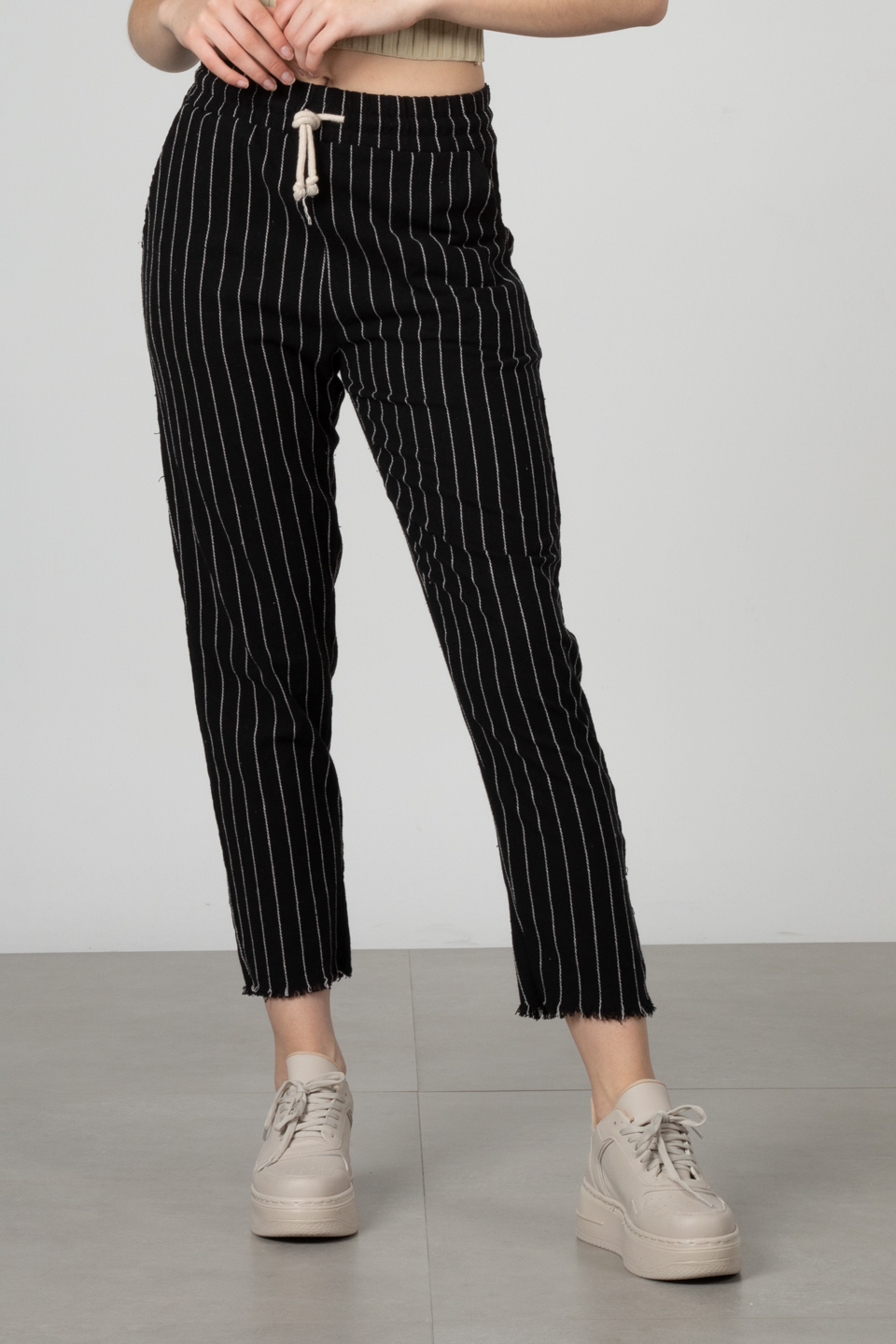 Beli lastikli pantolon-66-6695 Siyah/Ekru