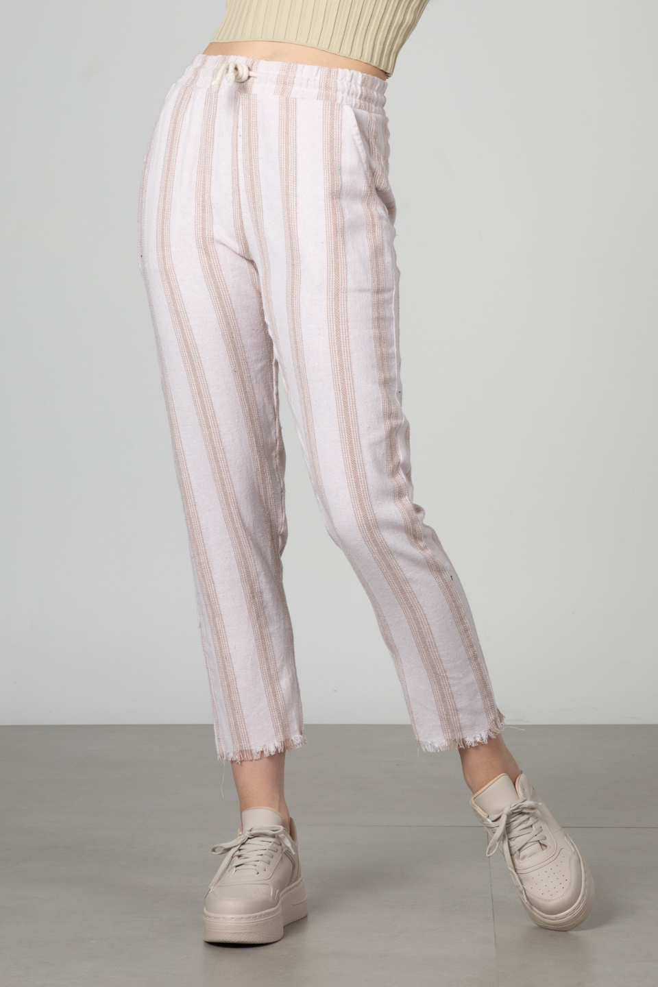 Beli lastikli pantolon-66-6695 Taş