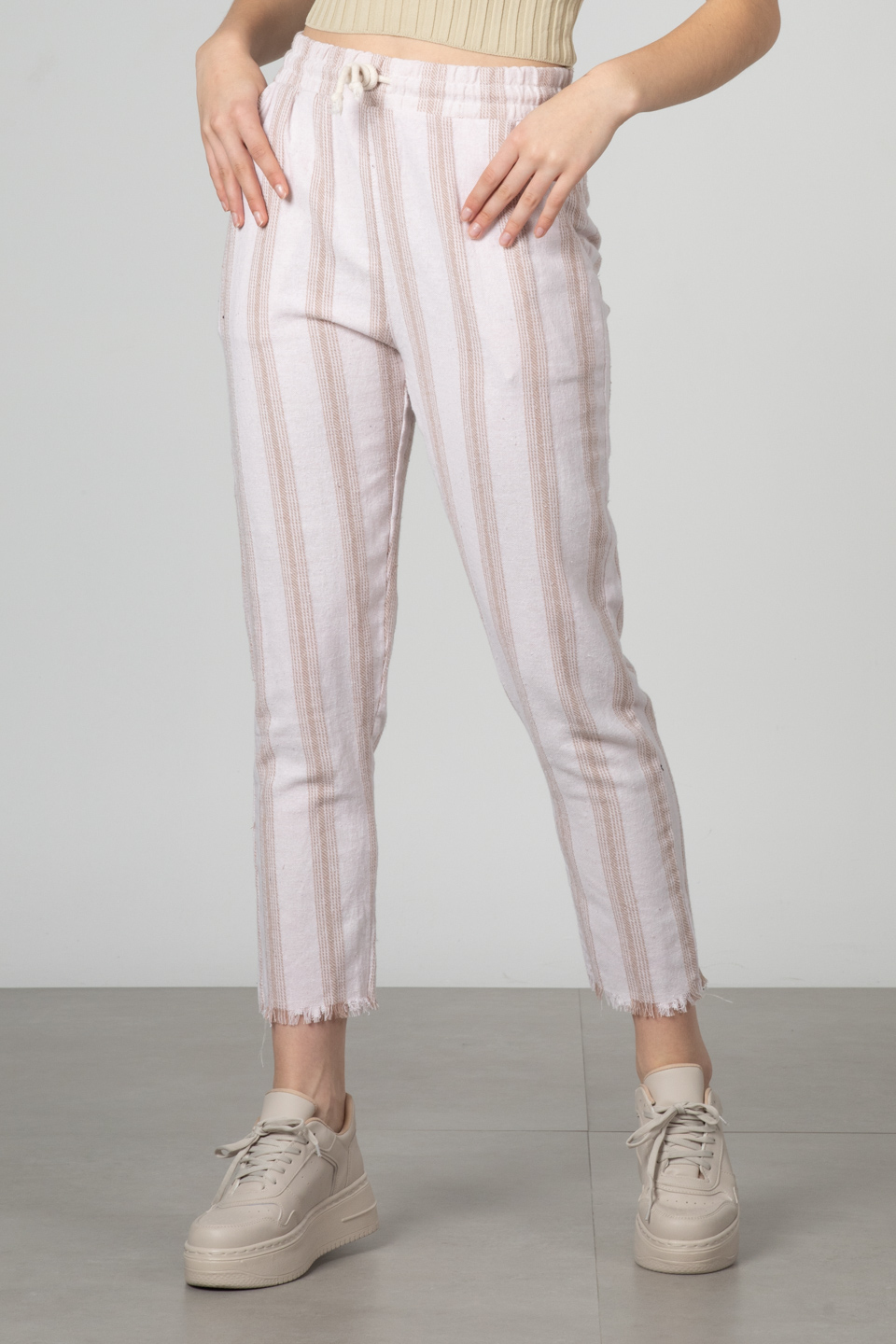 Beli lastikli pantolon-66-6695 Taş