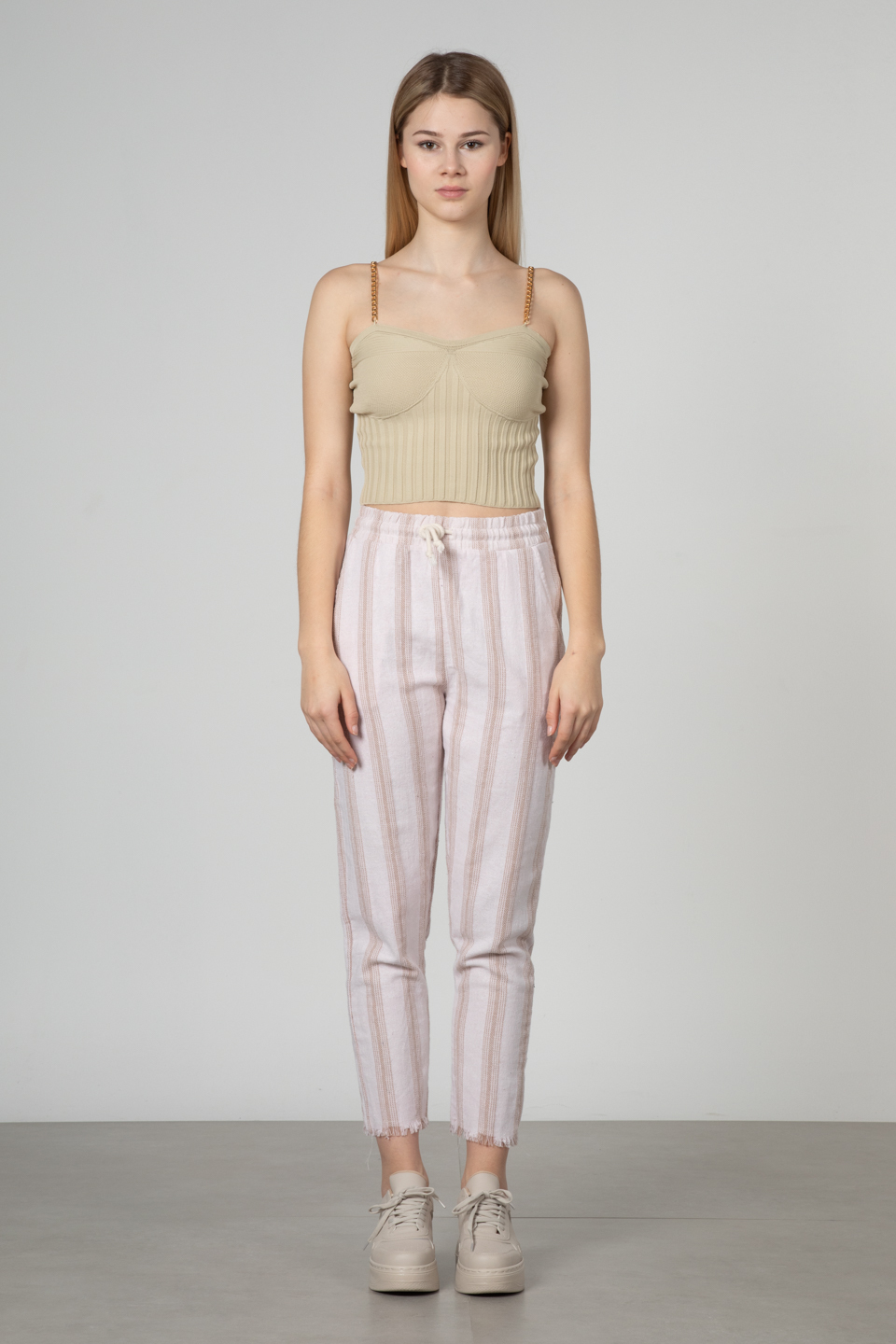 Beli lastikli pantolon-66-6695 Taş