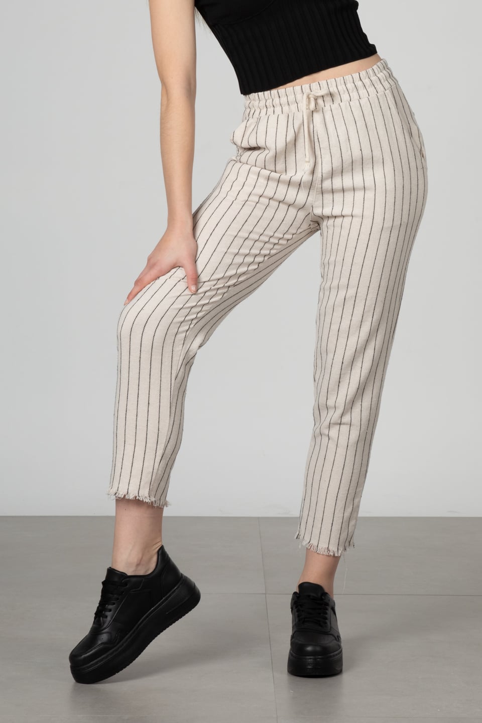 Beli lastikli pantolon-66-6695 Taş/Siyah