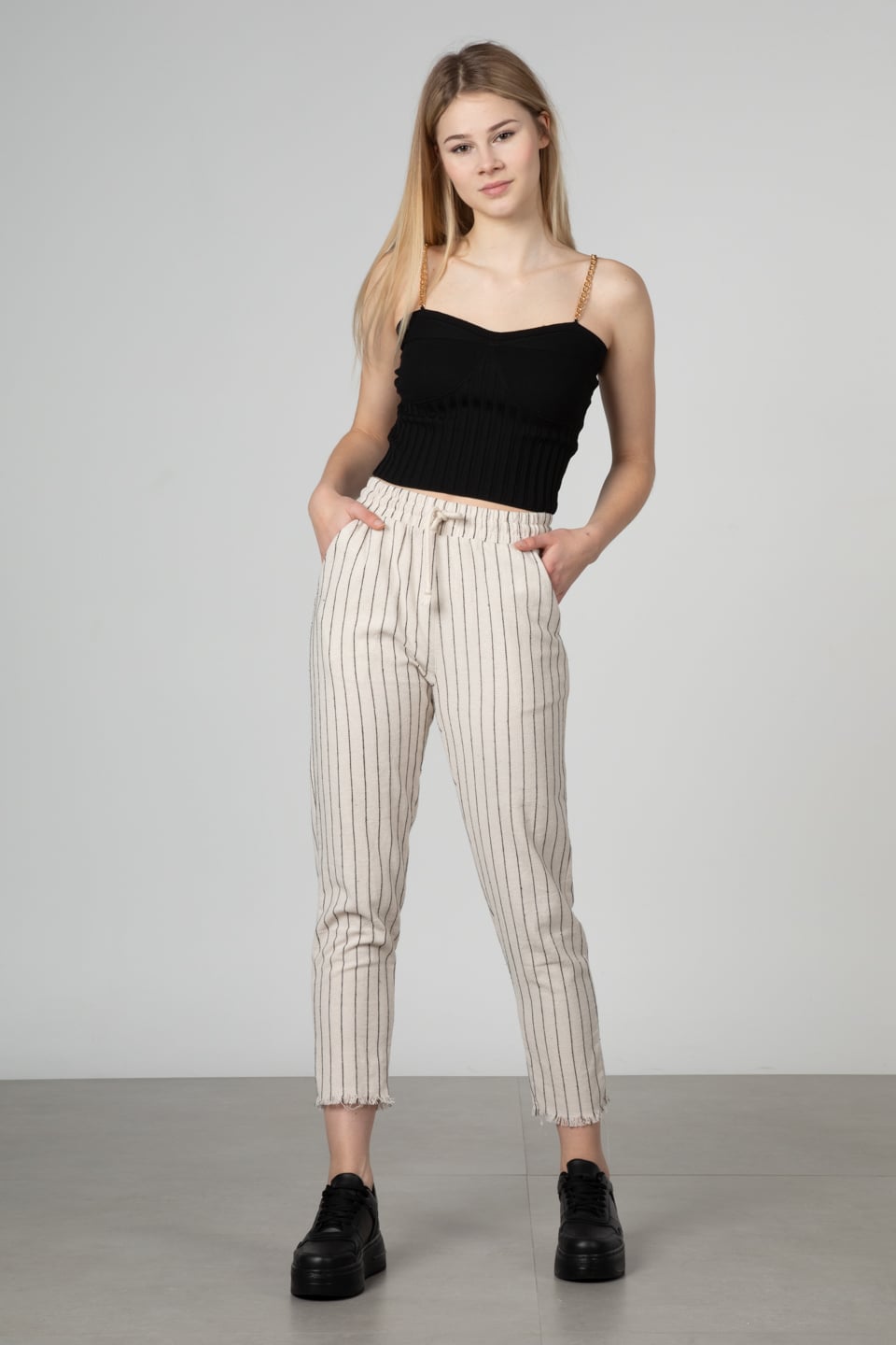 Beli lastikli pantolon-66-6695 Taş/Siyah
