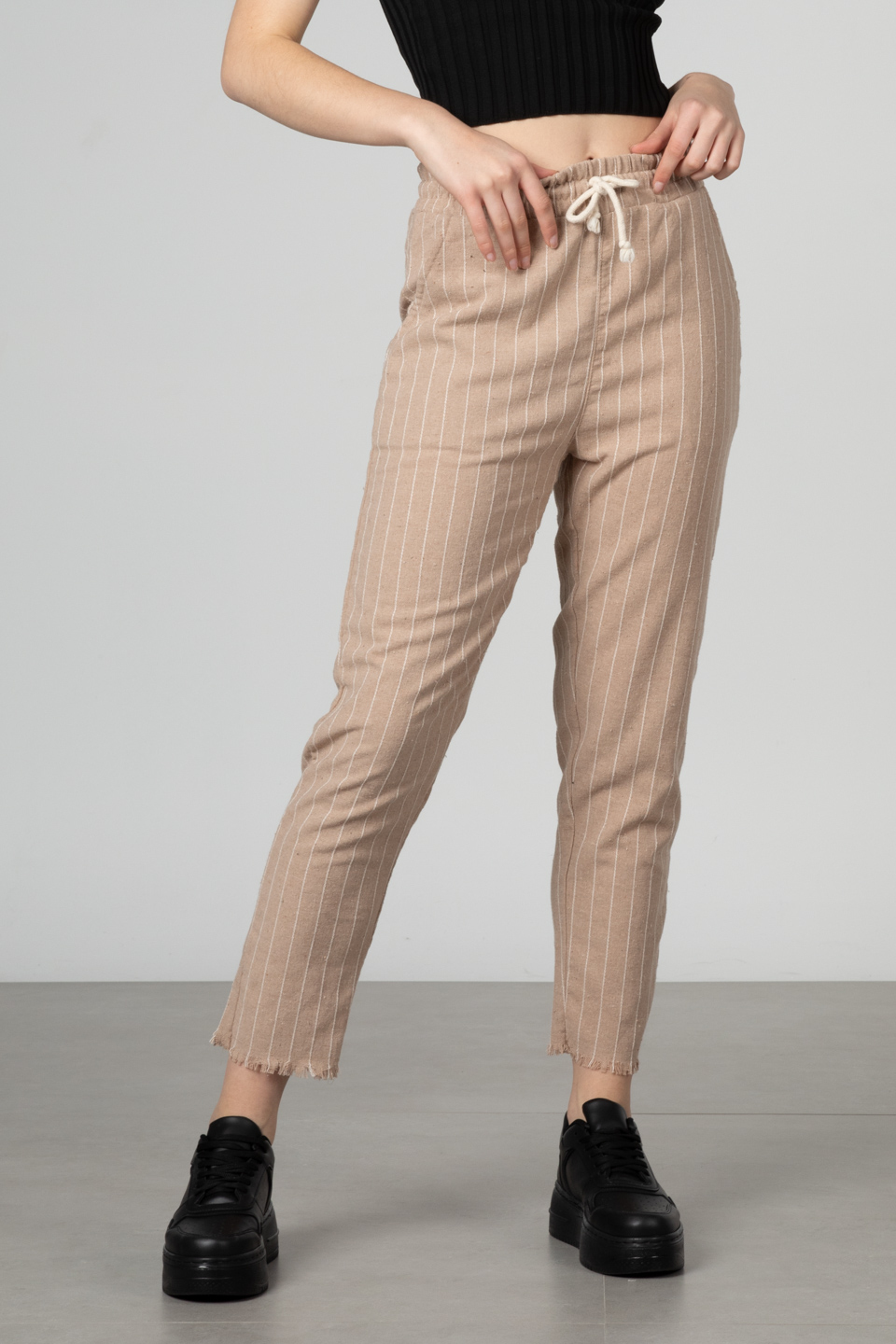 Beli lastikli pantolon-66-6695 Vizon/Ekru