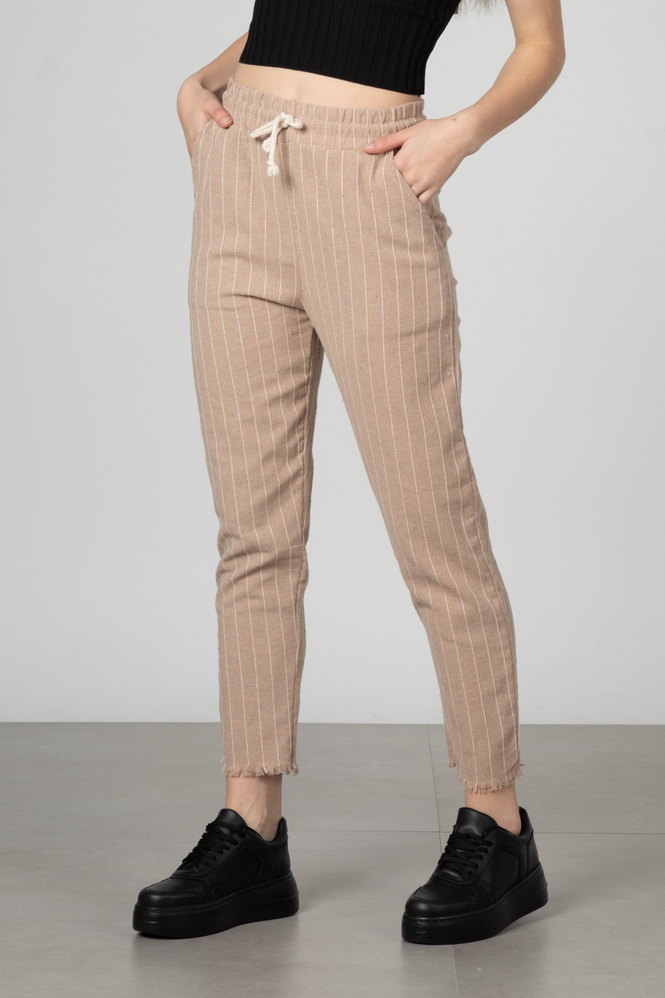 Beli lastikli pantolon-66-6695 Vizon/Ekru