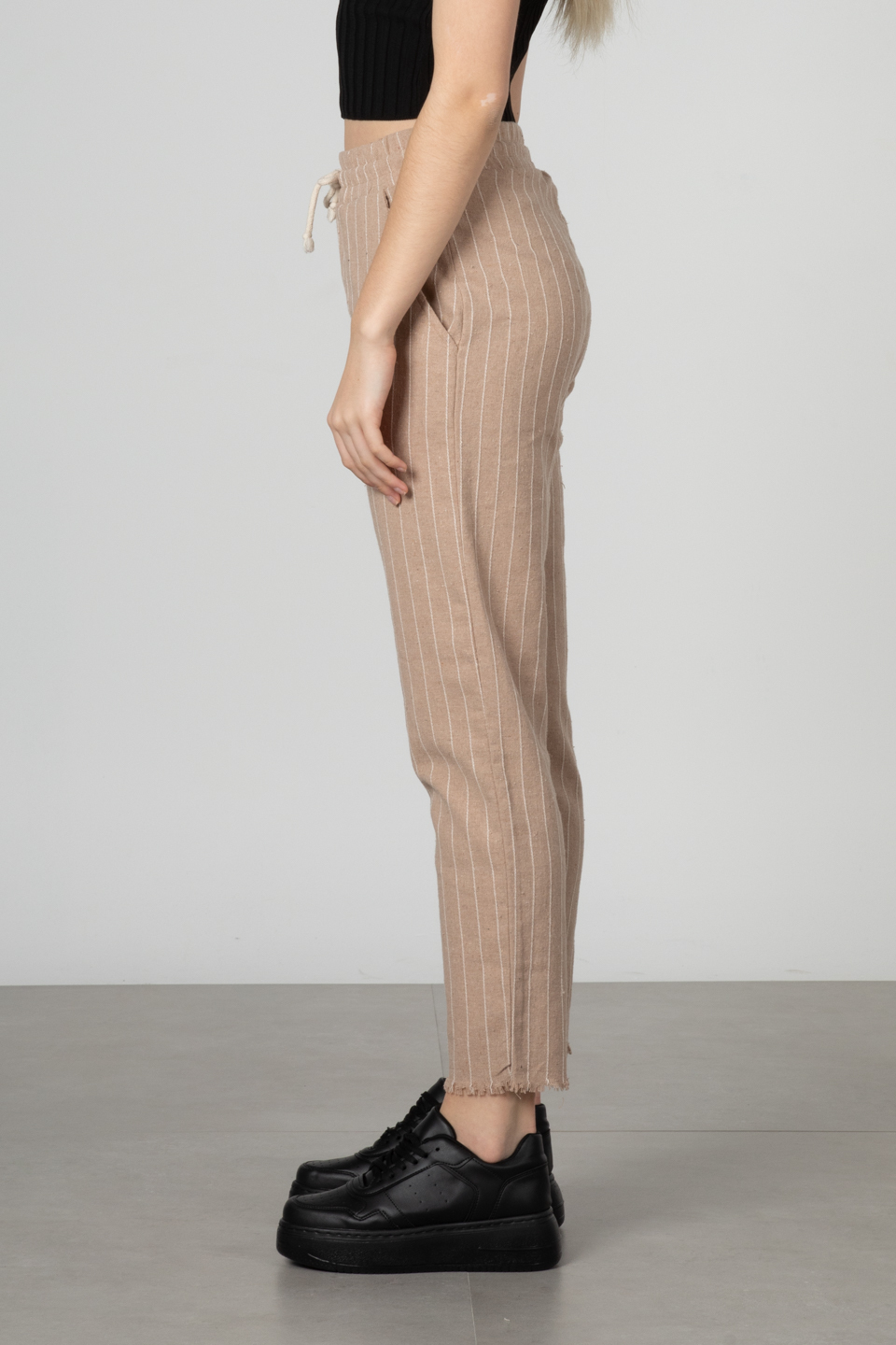 Beli lastikli pantolon-66-6695 Vizon/Ekru