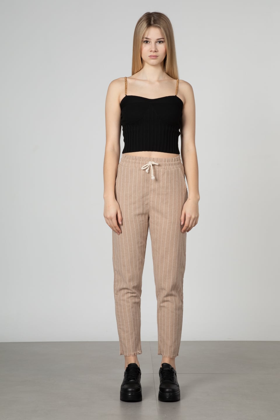Beli lastikli pantolon-66-6695 Vizon/Ekru
